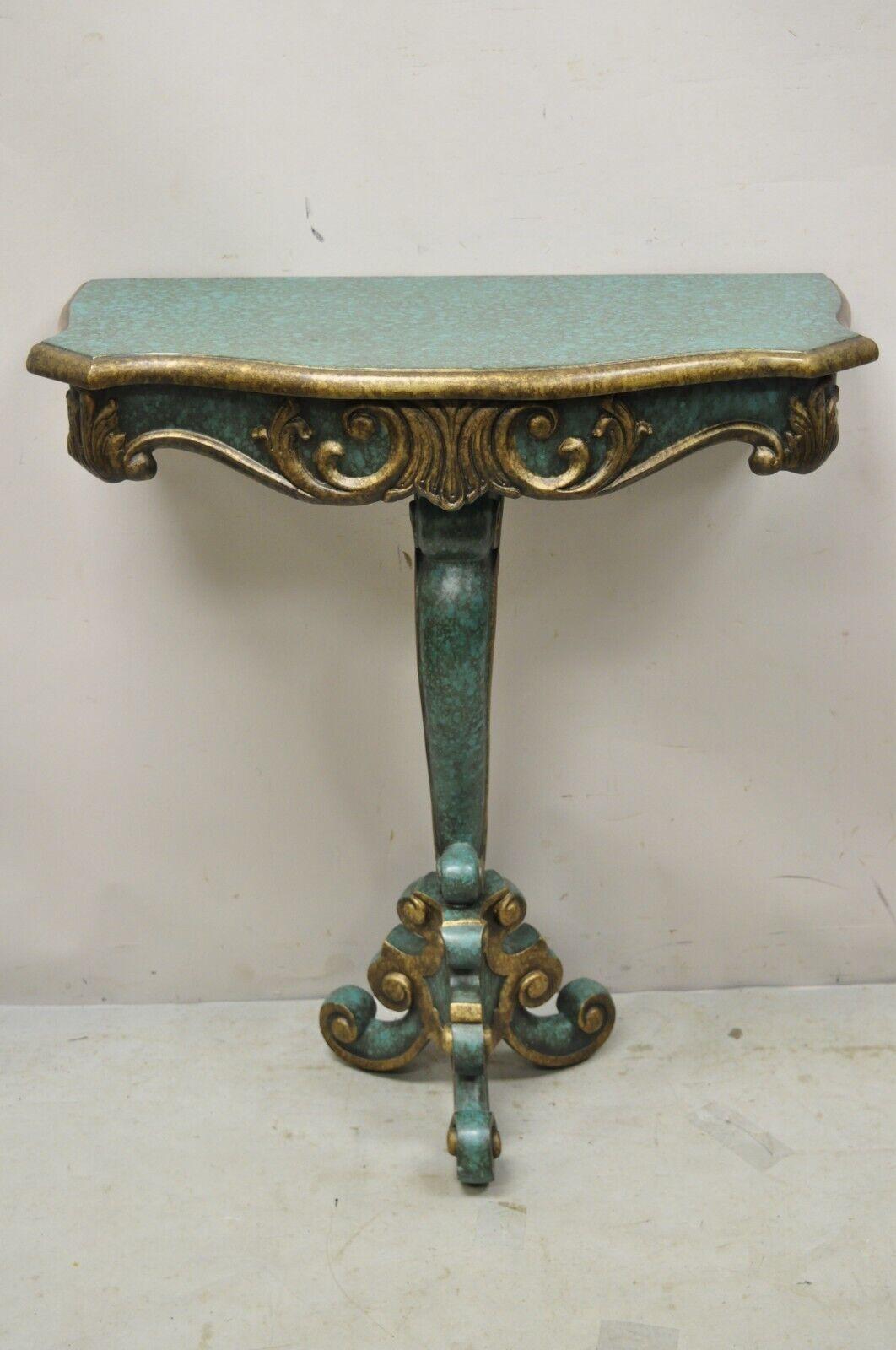 Rococo Baroque Style Green Blue Gold Small Pedestal Base Console Side Table. Item features a unique greenish blue painted finish with distressed gold accents, shapely pedestal base, carved and decorated skit, very nice item, great style and form.