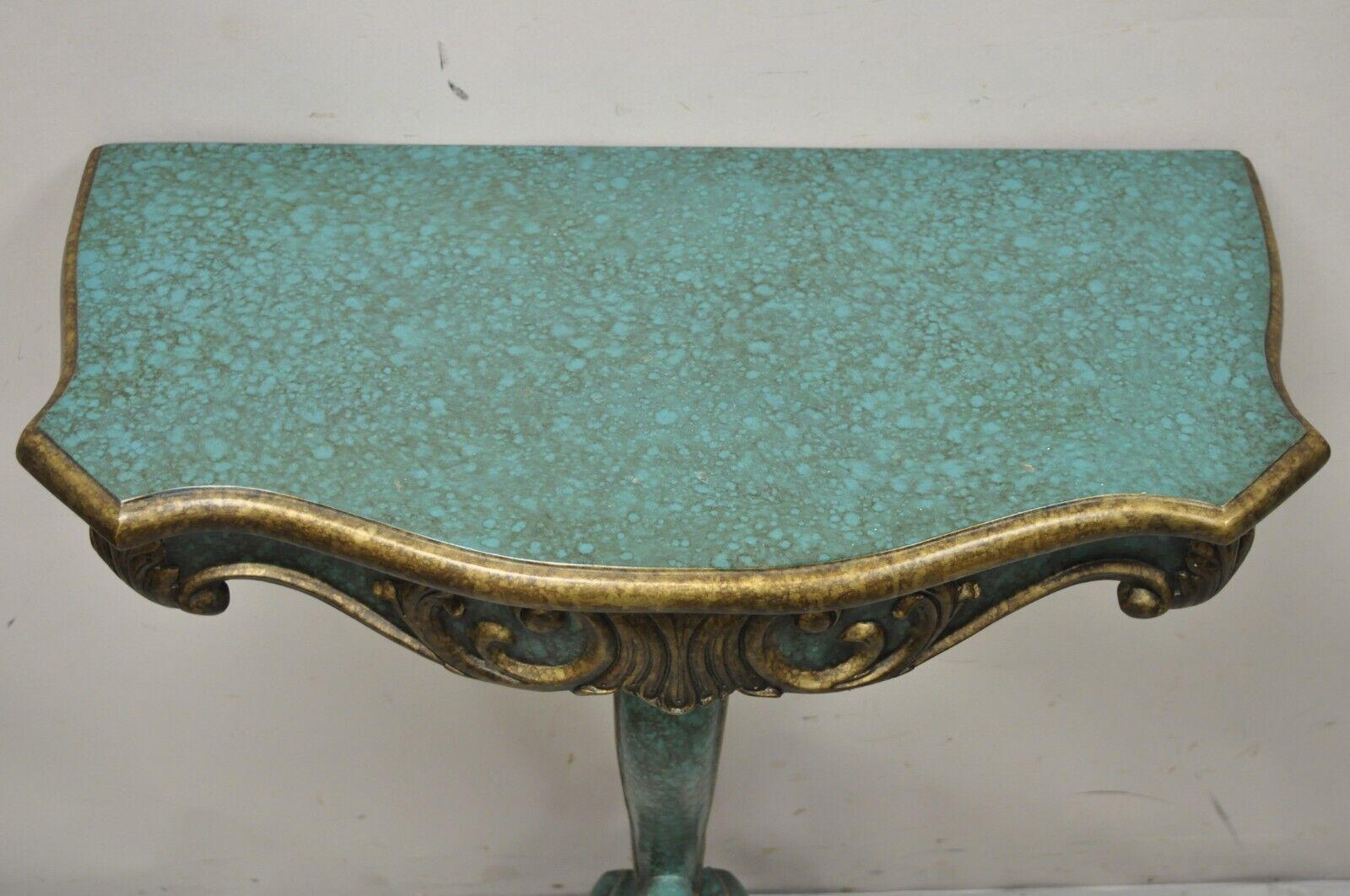 20th Century Rococo Baroque Style Green Blue Gold Small Pedestal Base Console Side Table For Sale