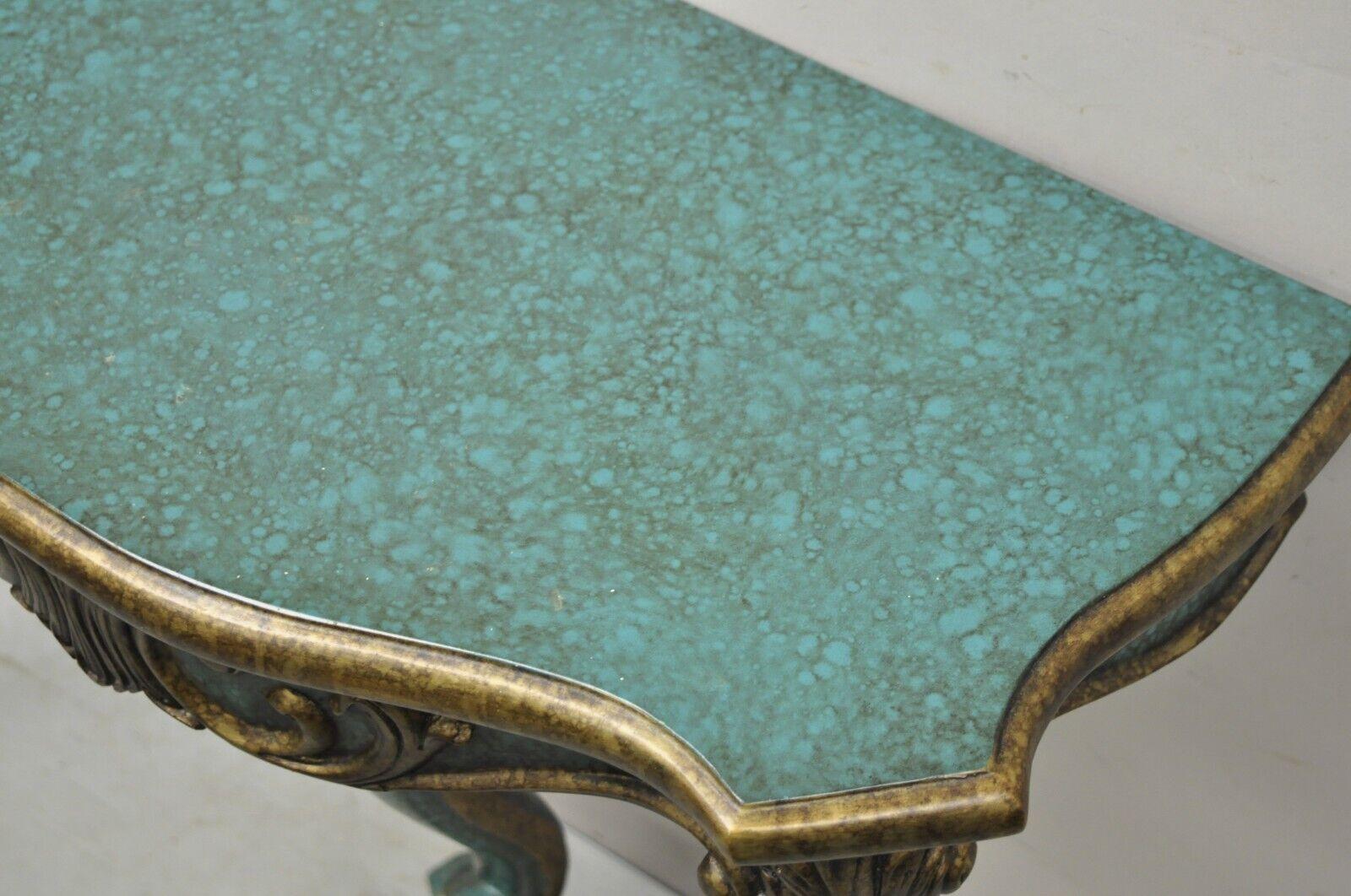 Wood Rococo Baroque Style Green Blue Gold Small Pedestal Base Console Side Table For Sale