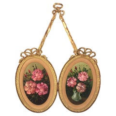 Rococo Bow Ribbon Double Oval Frame in Giltwood with Floral Paintings