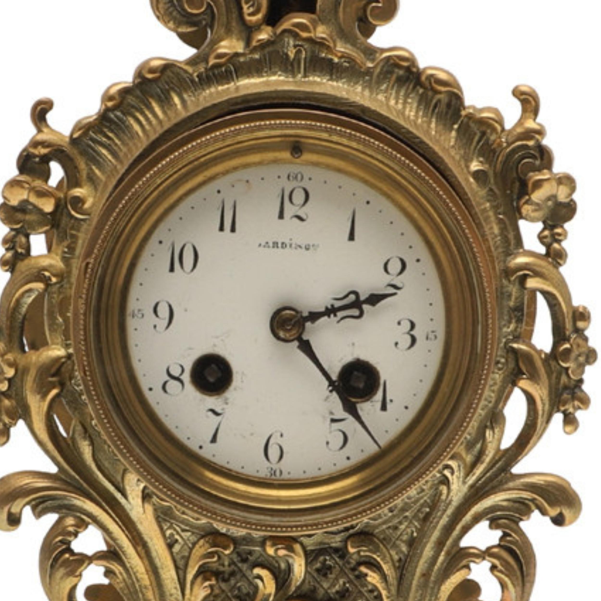 Rokoko-Messing-Manteluhr Antique French Late 19th C, Email-Zifferblatt Signiert Bardino im Angebot 4