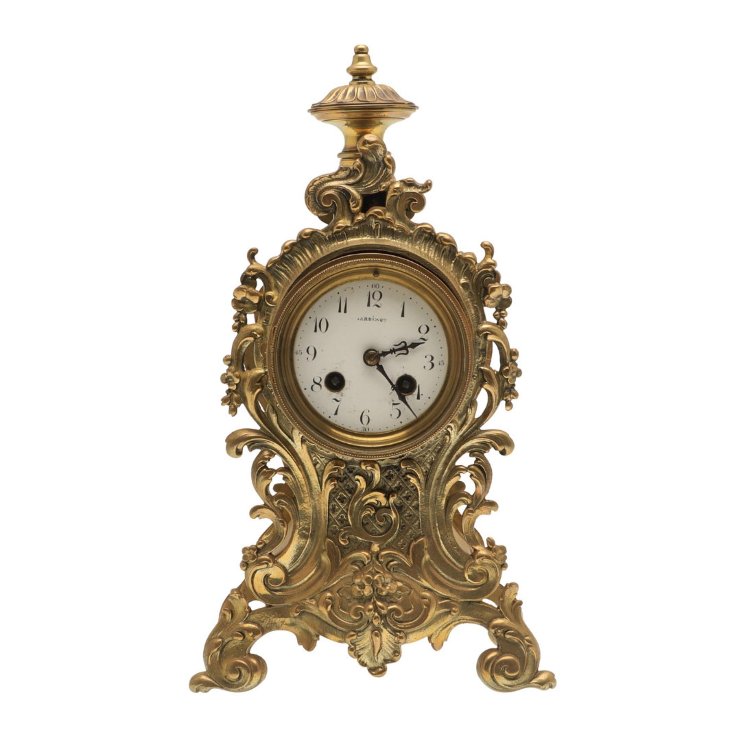Rokoko-Messing-Manteluhr Antique French Late 19th C, Email-Zifferblatt Signiert Bardino im Angebot 2