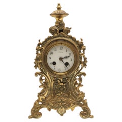 Rococo Brass Mantel Clock Antique French Late 19th C, Enamel Dial Signed Bardino