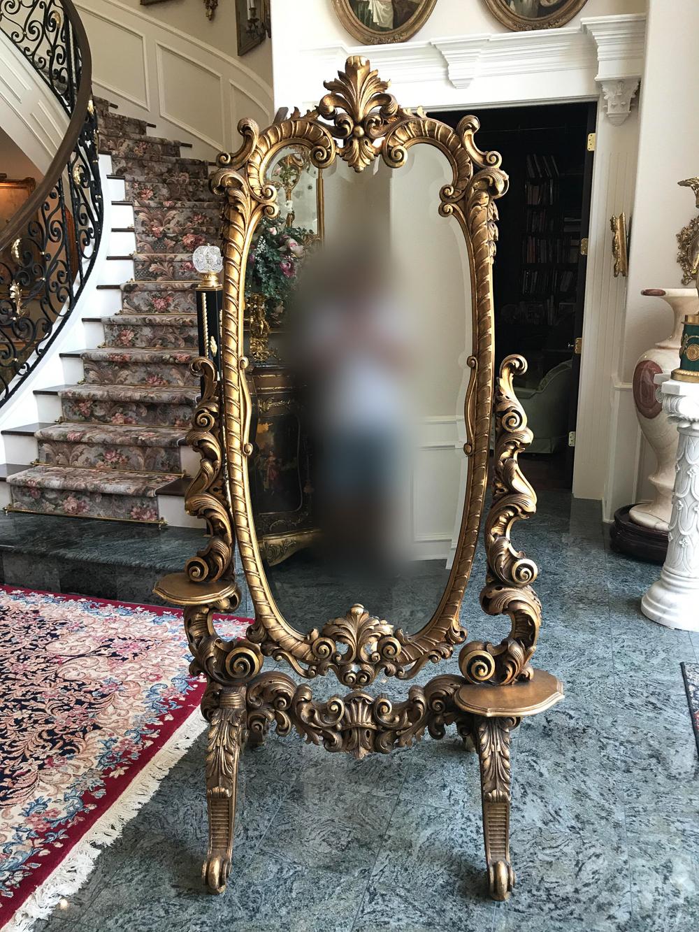 19th Century Rococo Carved and Giltwood Cheval Mirror For Sale