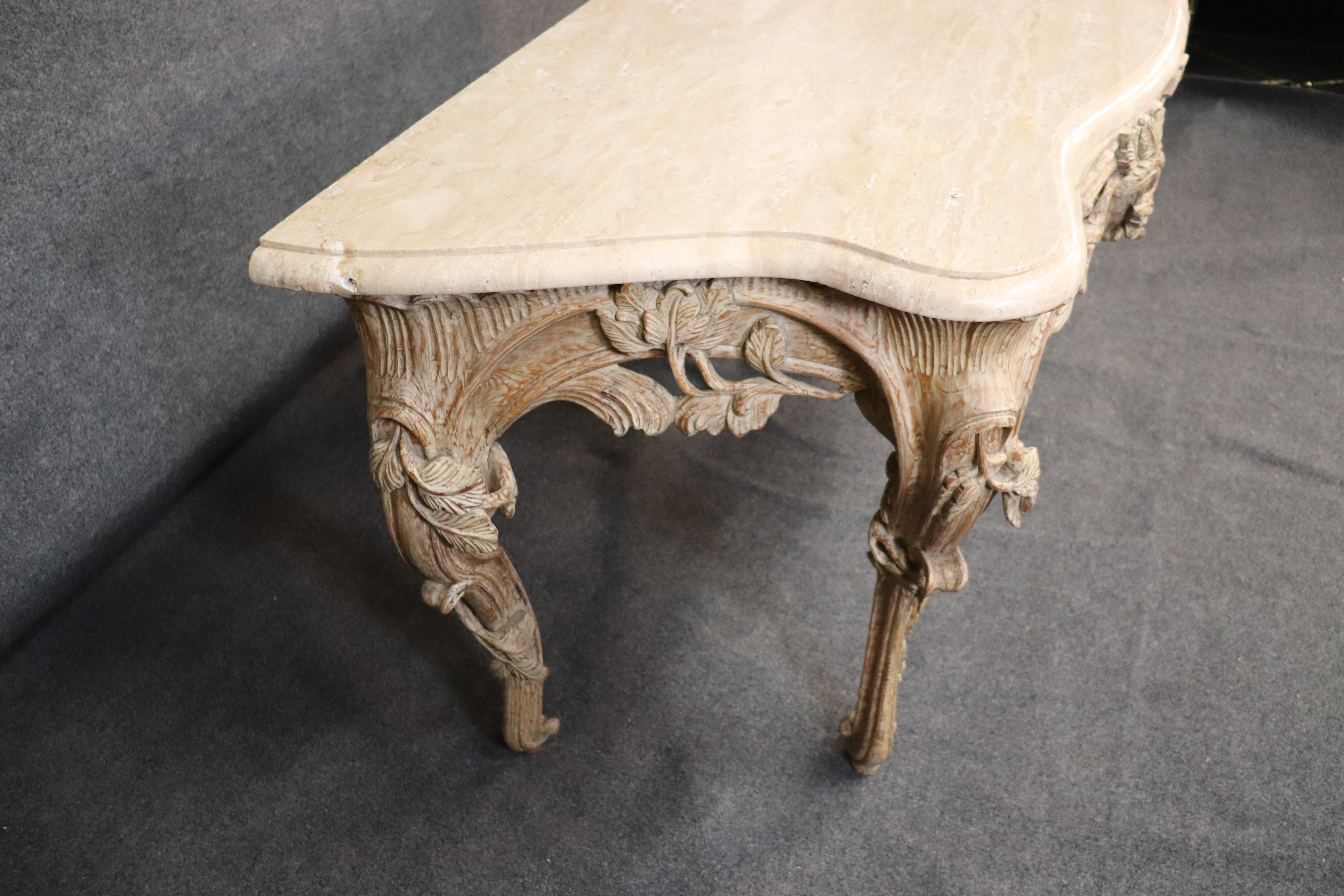 Rococo Carved Travertine Marble Top French Italian Console Table in Limed White 4