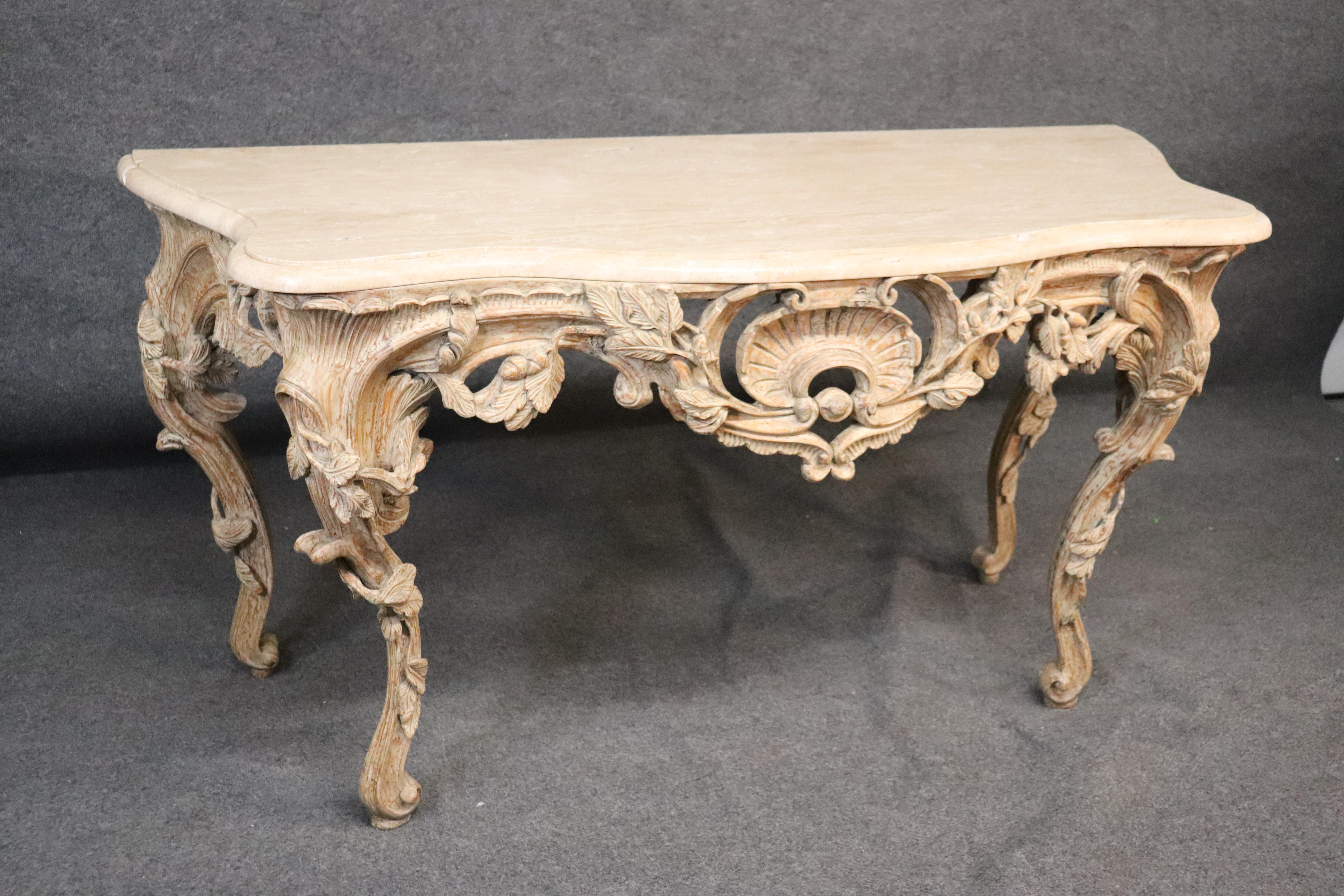 Rococo Revival Rococo Carved Travertine Marble Top French Italian Console Table in Limed White