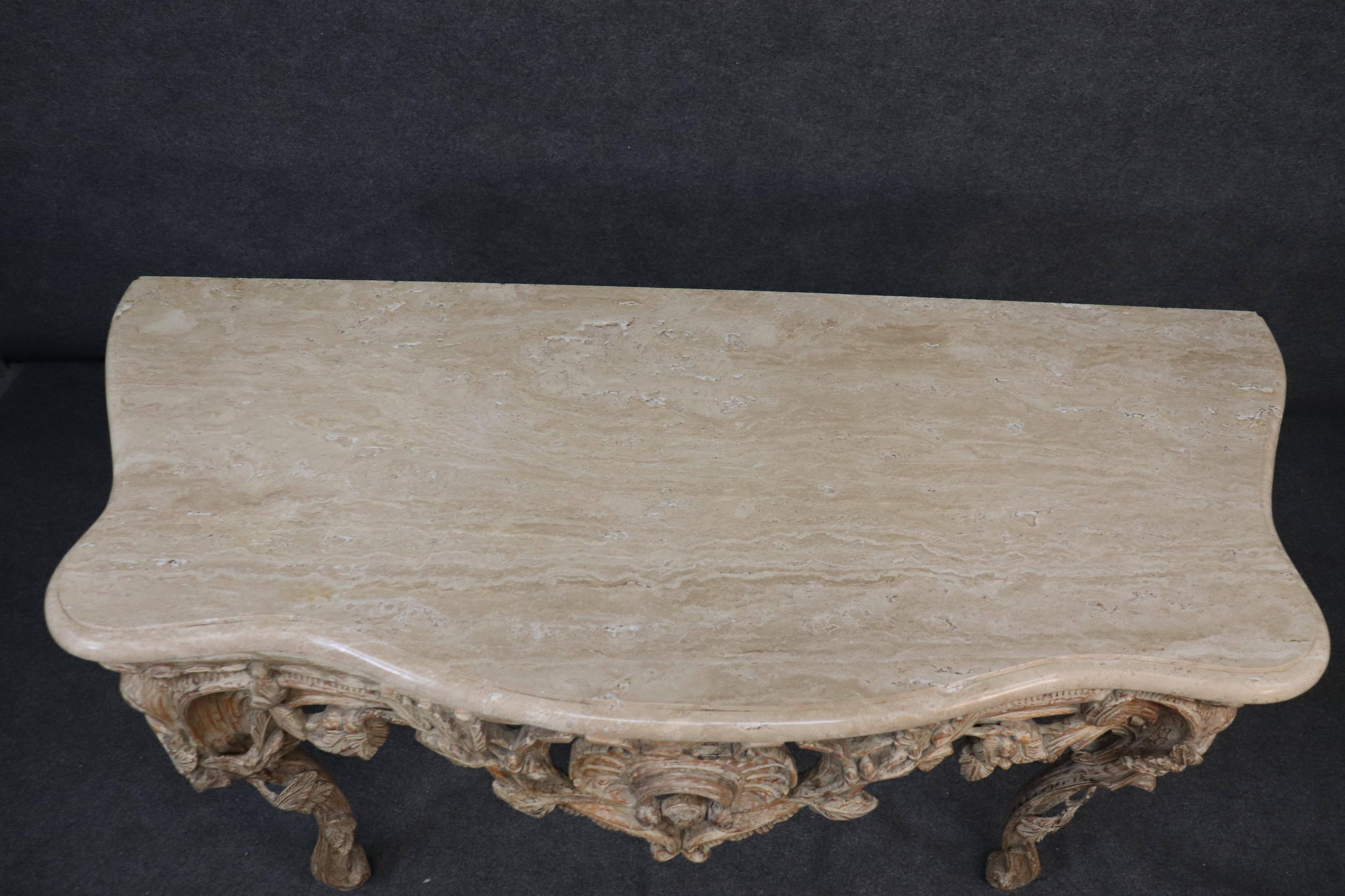 Rococo Carved Travertine Marble Top French Italian Console Table in Limed White In Good Condition In Swedesboro, NJ