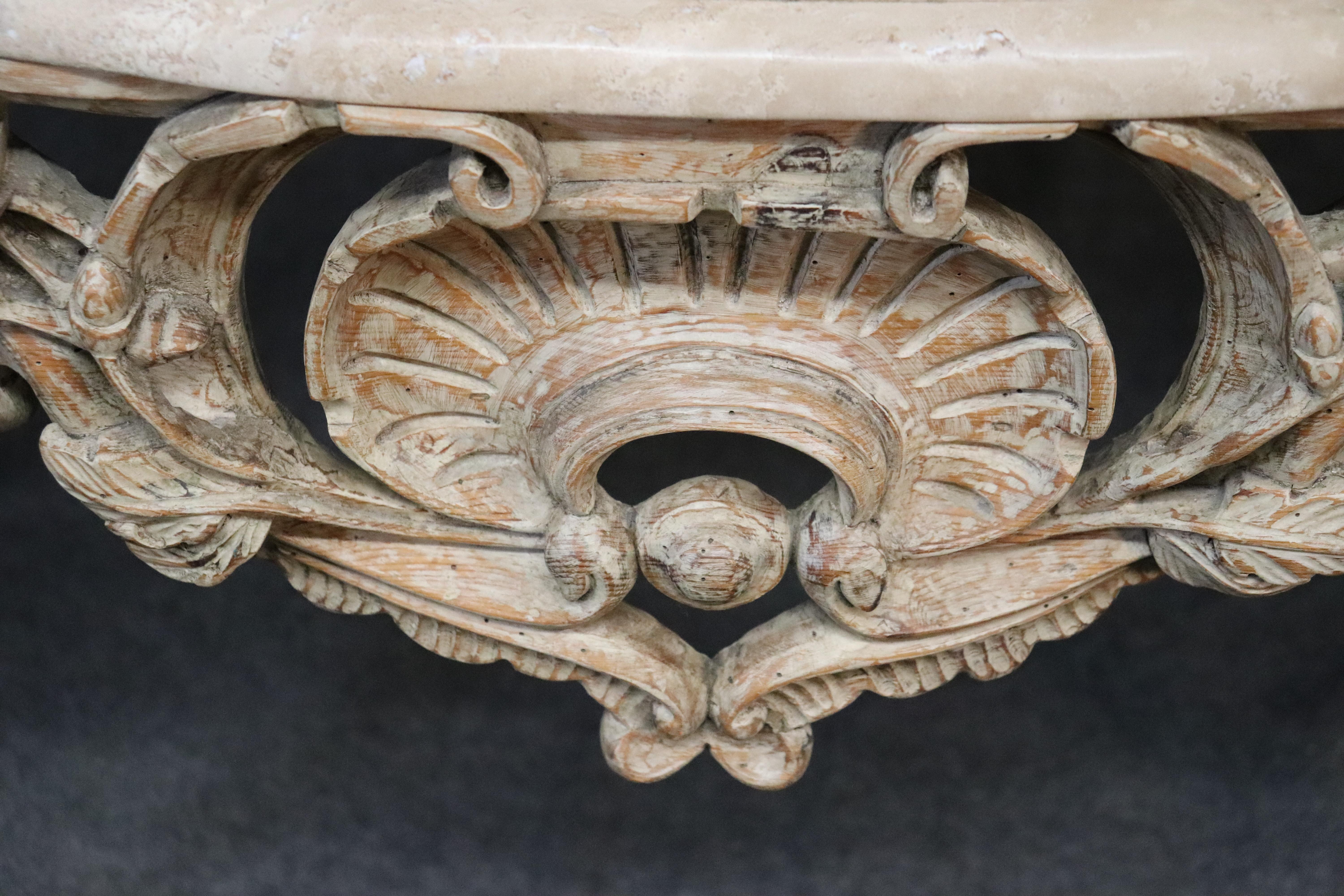 Late 20th Century Rococo Carved Travertine Marble Top French Italian Console Table in Limed White