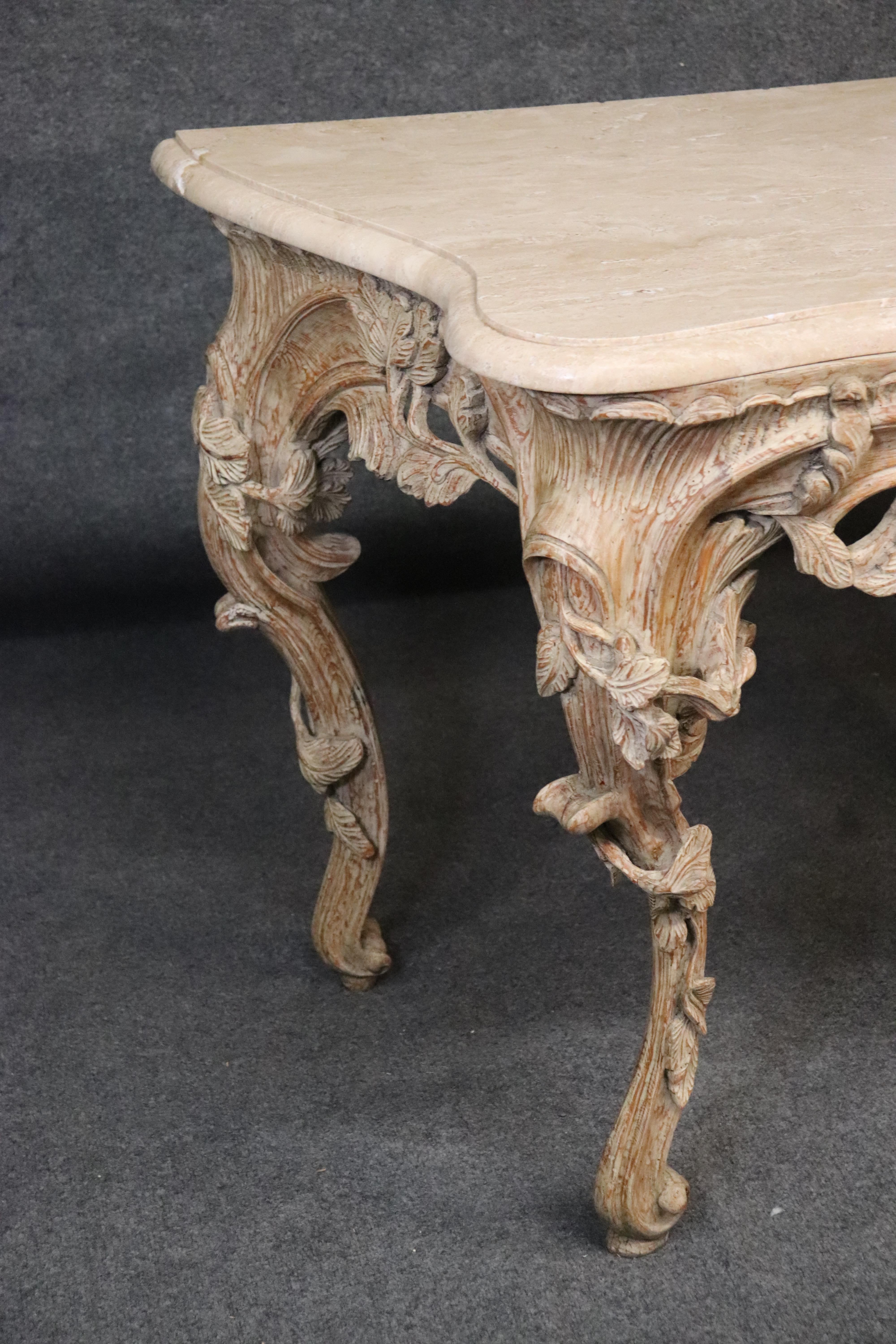 Beech Rococo Carved Travertine Marble Top French Italian Console Table in Limed White