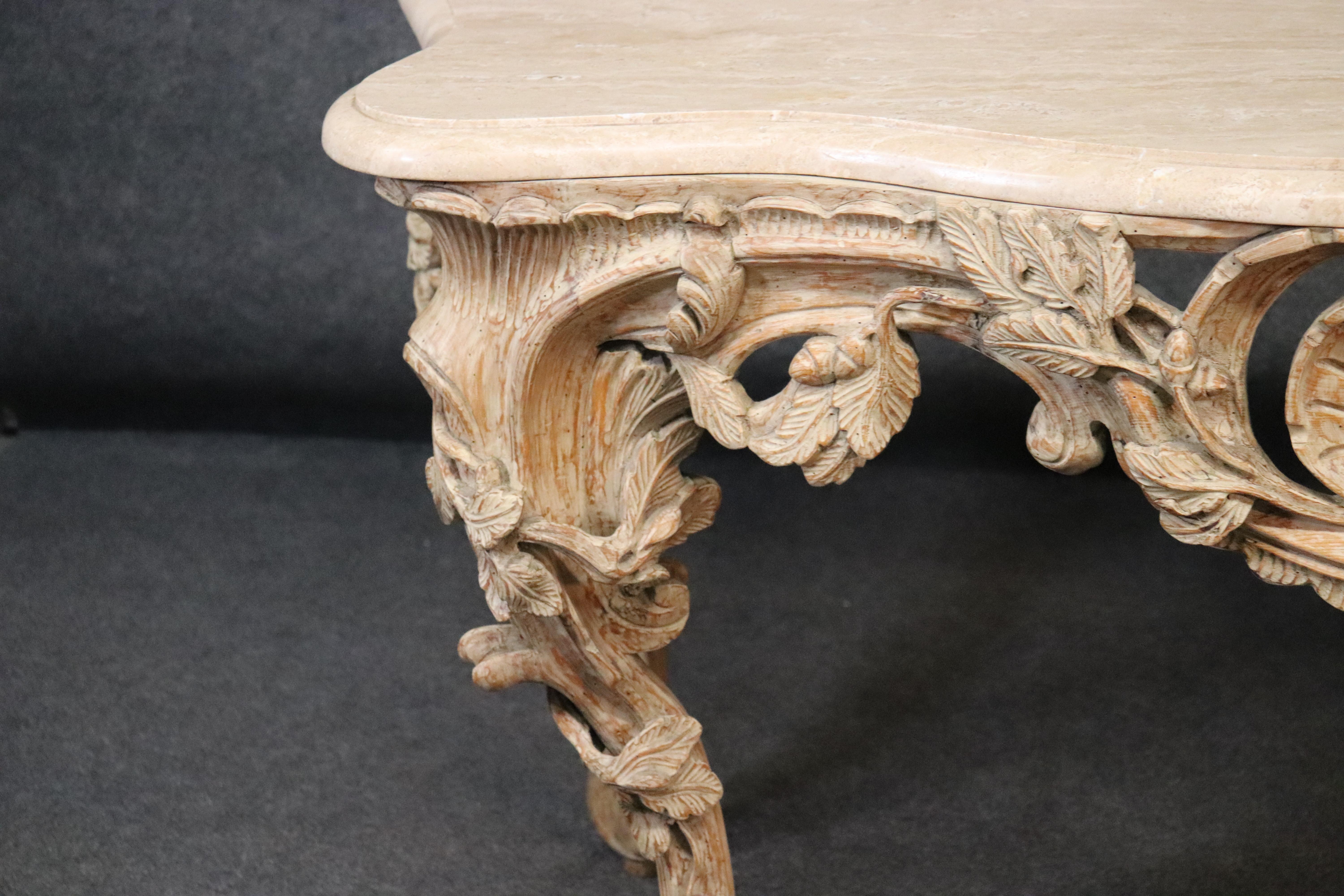 Rococo Carved Travertine Marble Top French Italian Console Table in Limed White 1