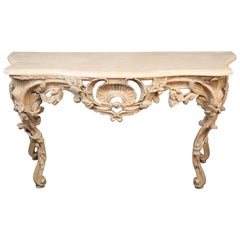 Rococo Carved Travertine Marble Top French Italian Console Table in Limed White