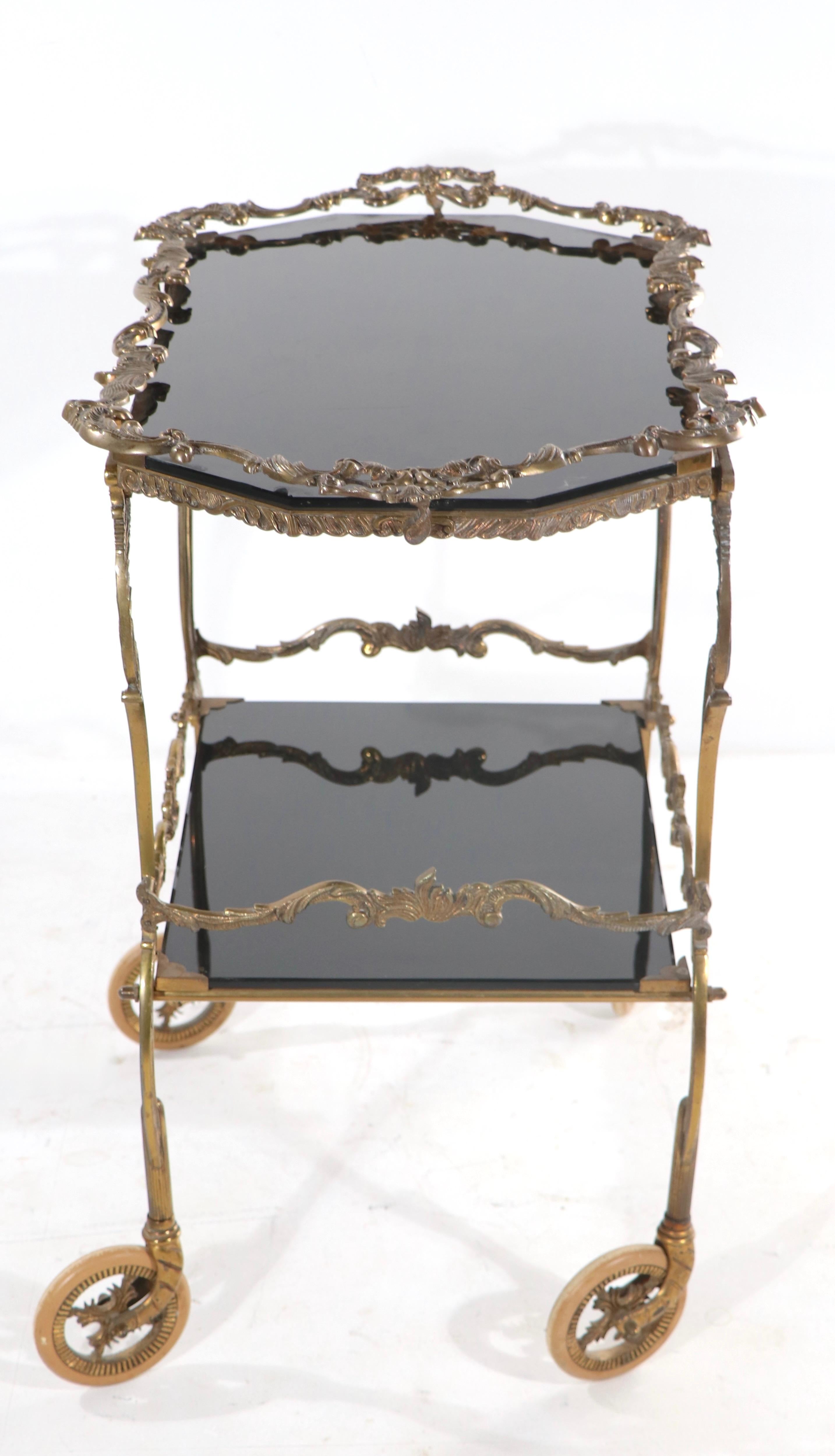 Rococo Cast Brass and Black Glass Serving Bar Cart with Removable Tray For Sale 2