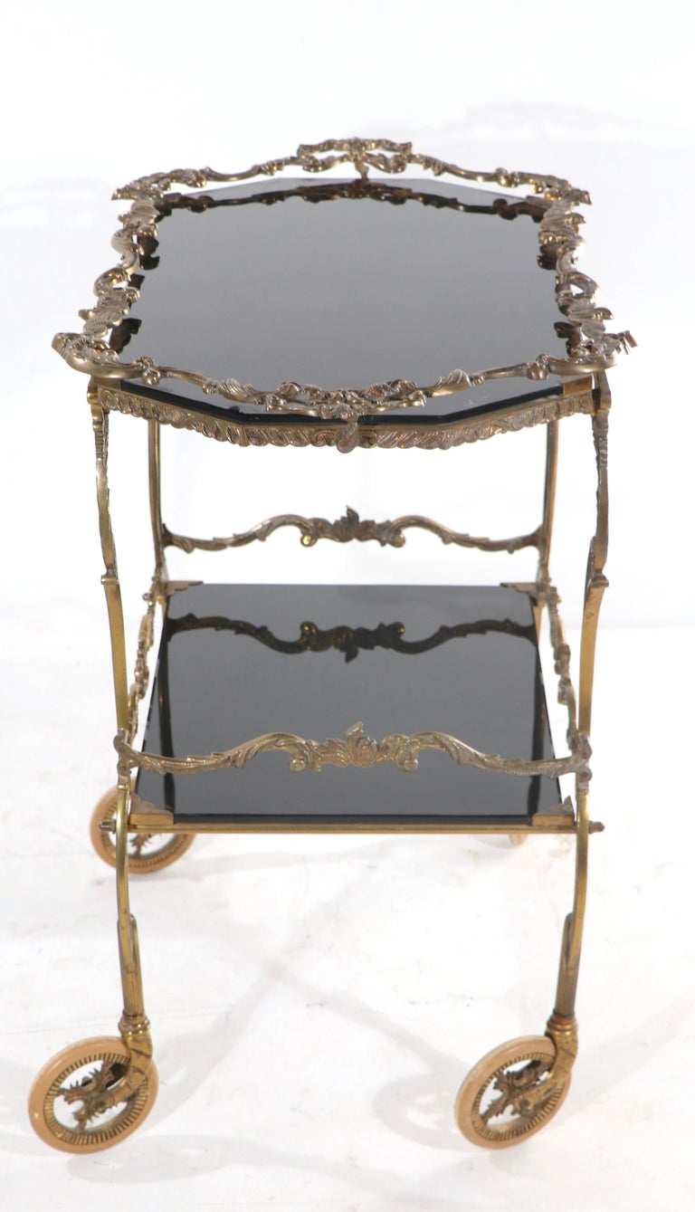 Rococo Cast Brass and Black Glass Serving Bar Cart with Removable Tray For Sale at 1stDibs