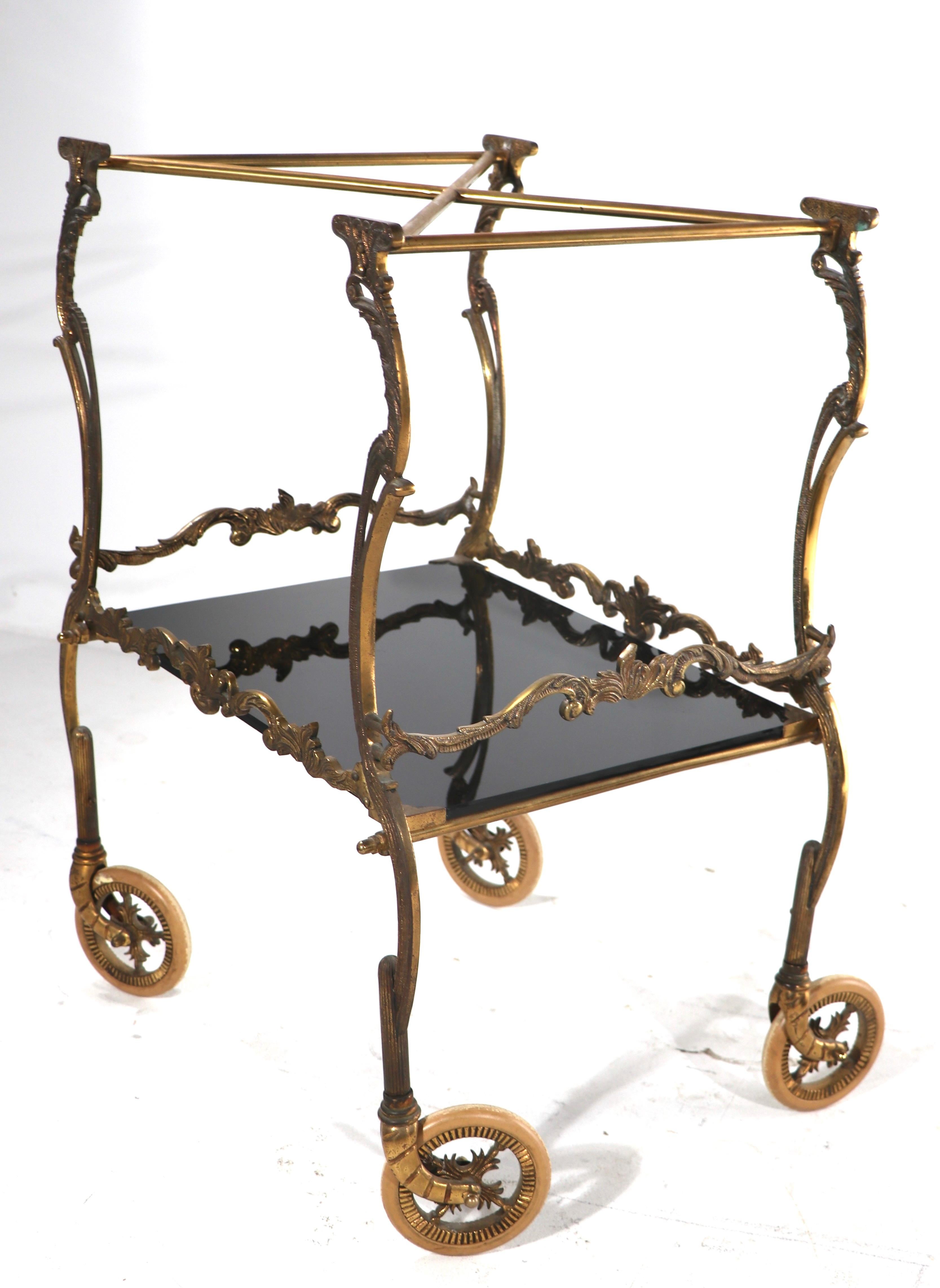 Rococo Cast Brass and Black Glass Serving Bar Cart with Removable Tray For Sale 6