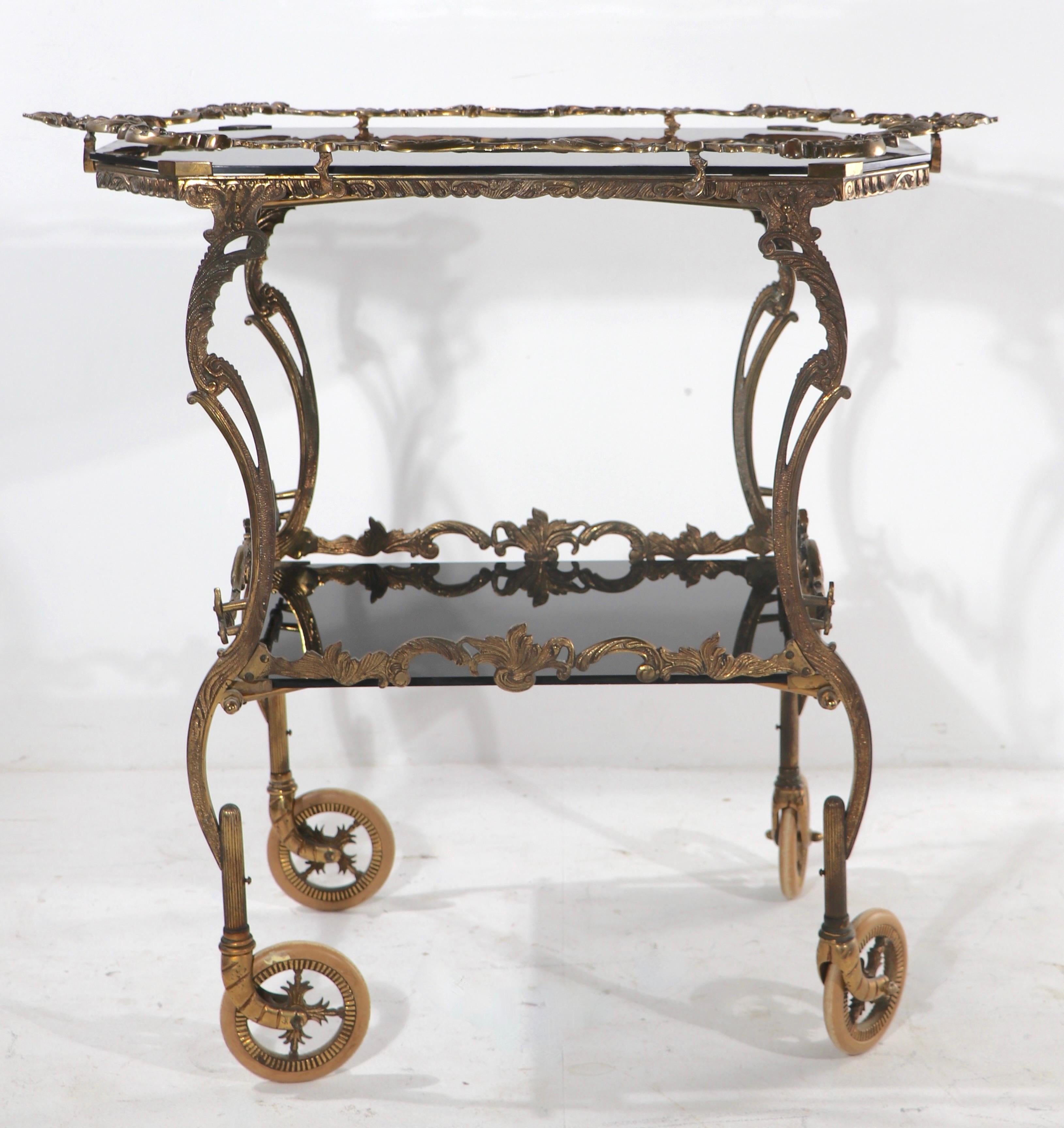 Rococo Revival Rococo Cast Brass and Black Glass Serving Bar Cart with Removable Tray For Sale