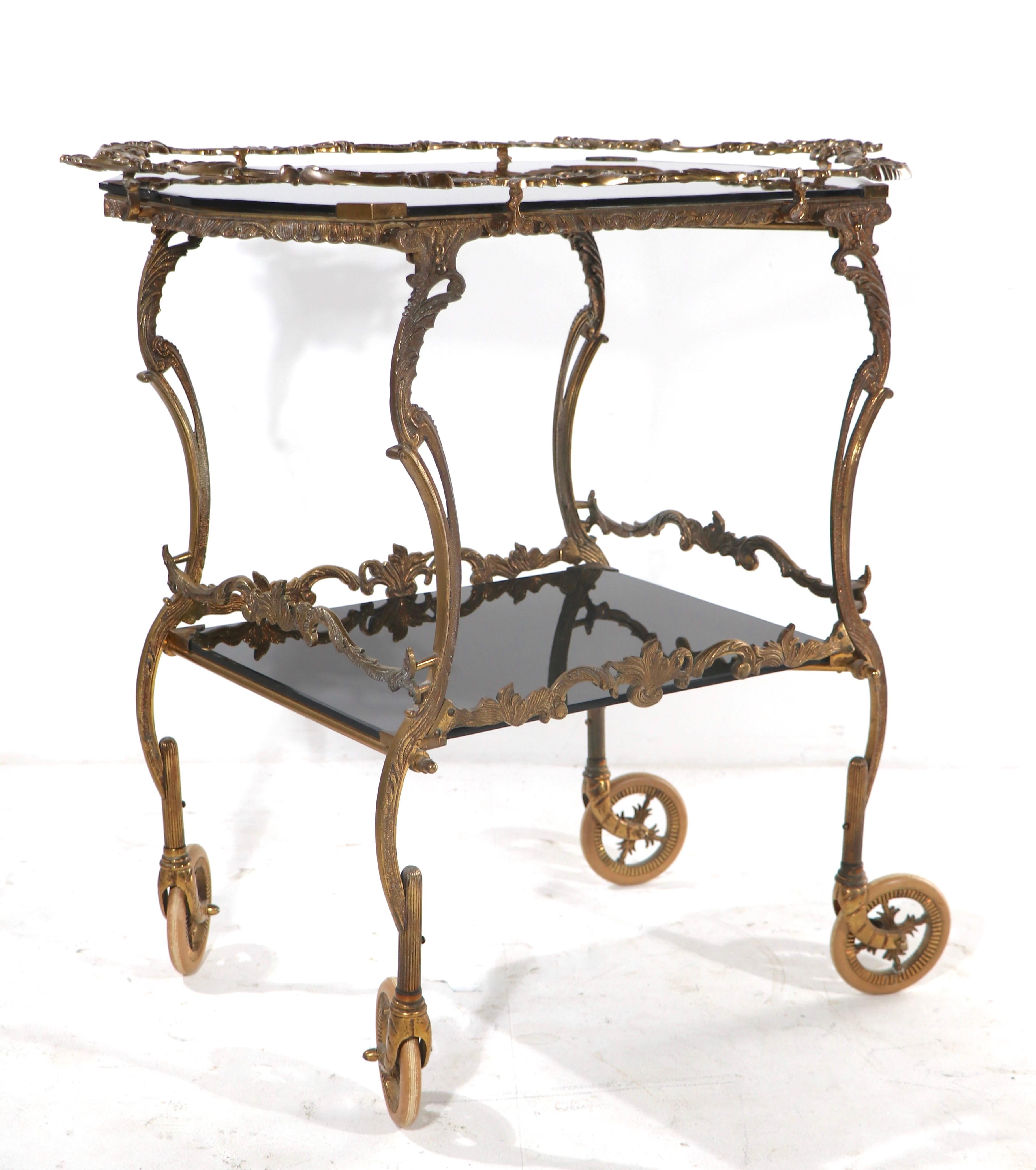 French Rococo Cast Brass and Black Glass Serving Bar Cart with Removable Tray For Sale