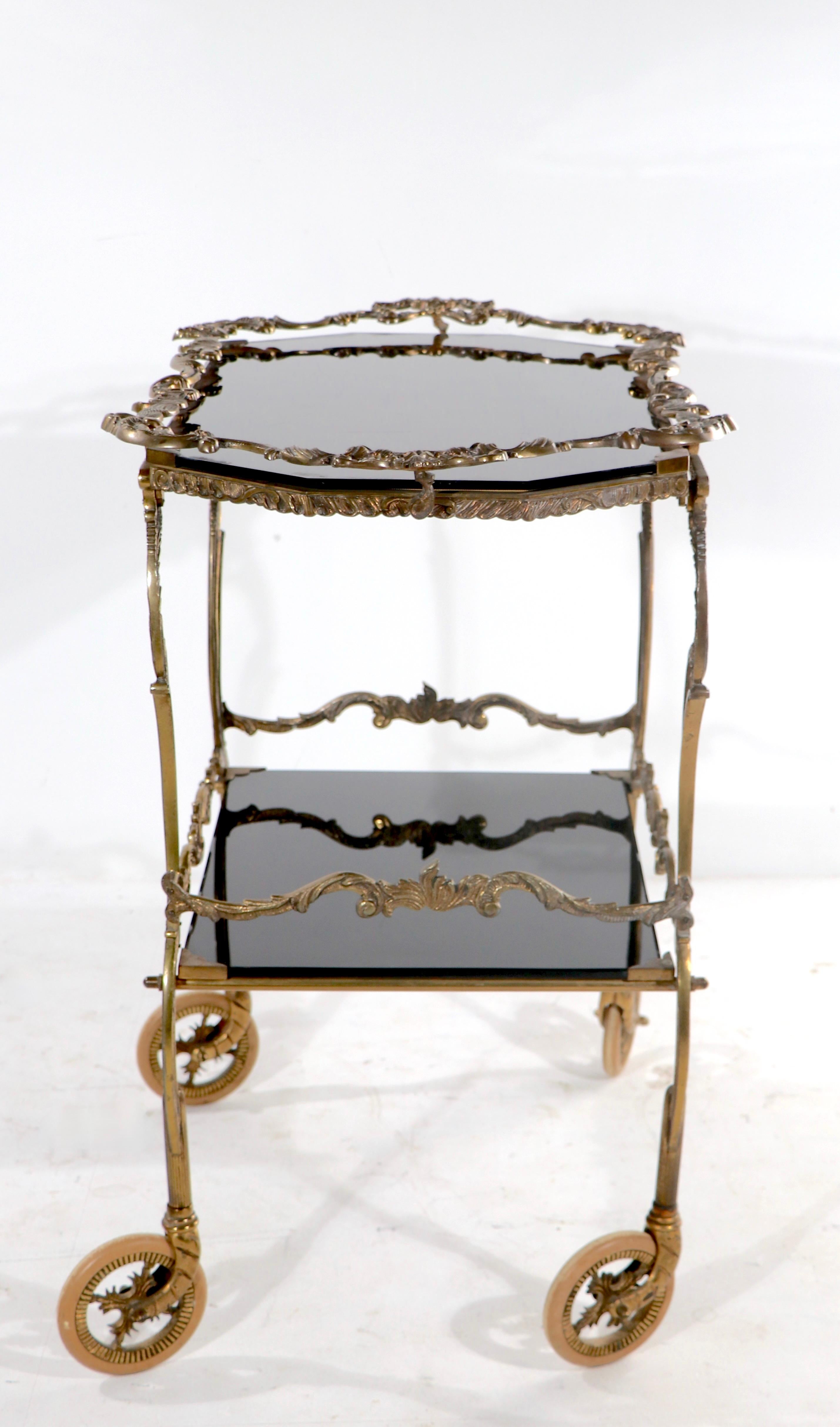 Rococo Cast Brass and Black Glass Serving Bar Cart with Removable Tray For Sale 1