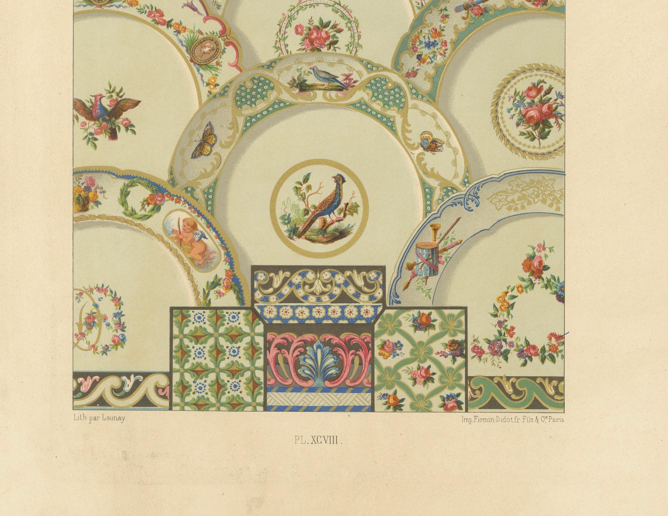 Ornement de plafond rococo - Médaillons floraux et oiseaux du XVIIIe siècle, plaque XCVIII

Cette exquise chromolithographie, la planche XCVIII de *L'Ornement Polychrome*, présente un éventail étonnant de médaillons et de panneaux de plafond rococo