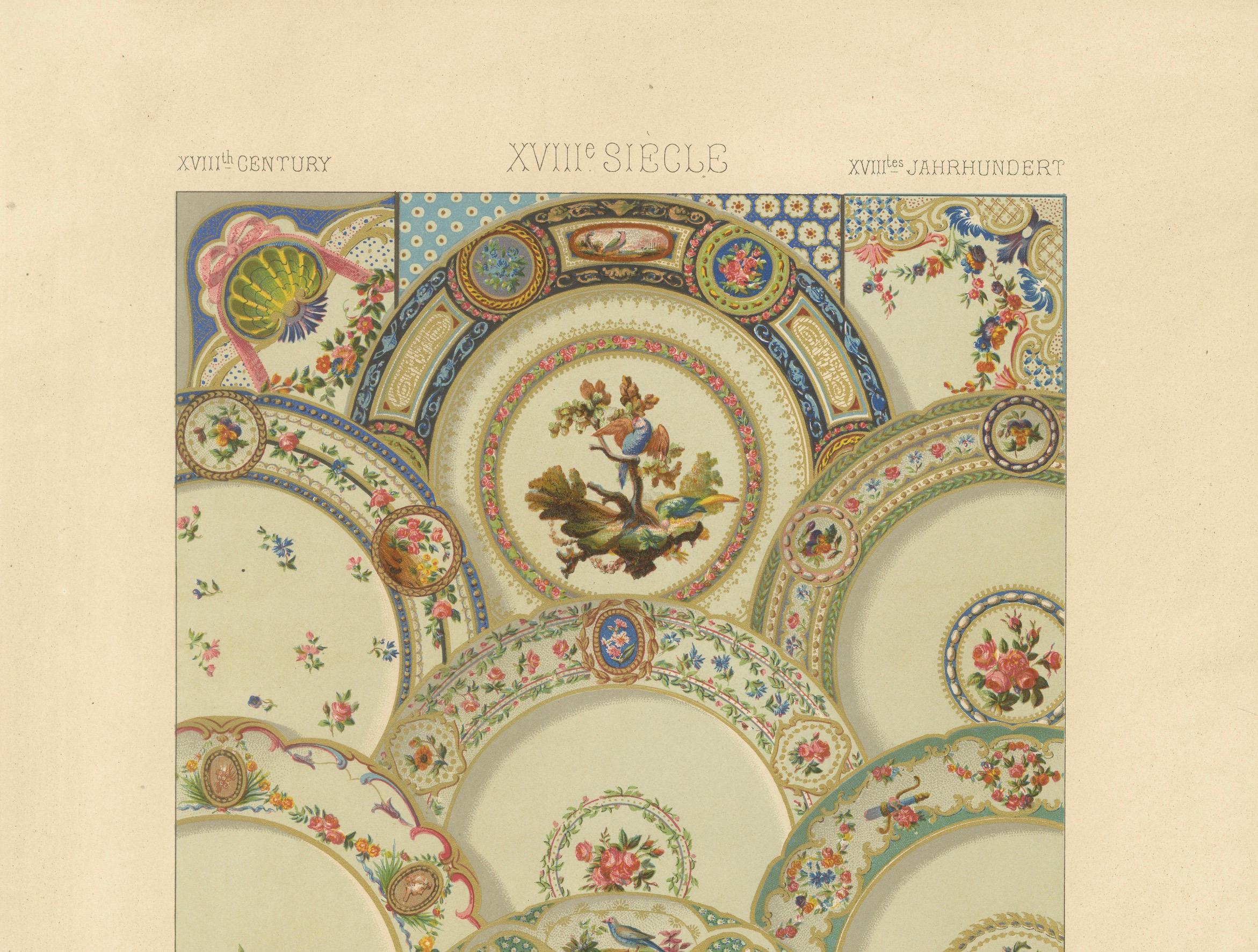 Français Ornement de plafond rococo - Médaillons floraux et oiseaux du XVIIIe siècle, plaque XCVIII en vente
