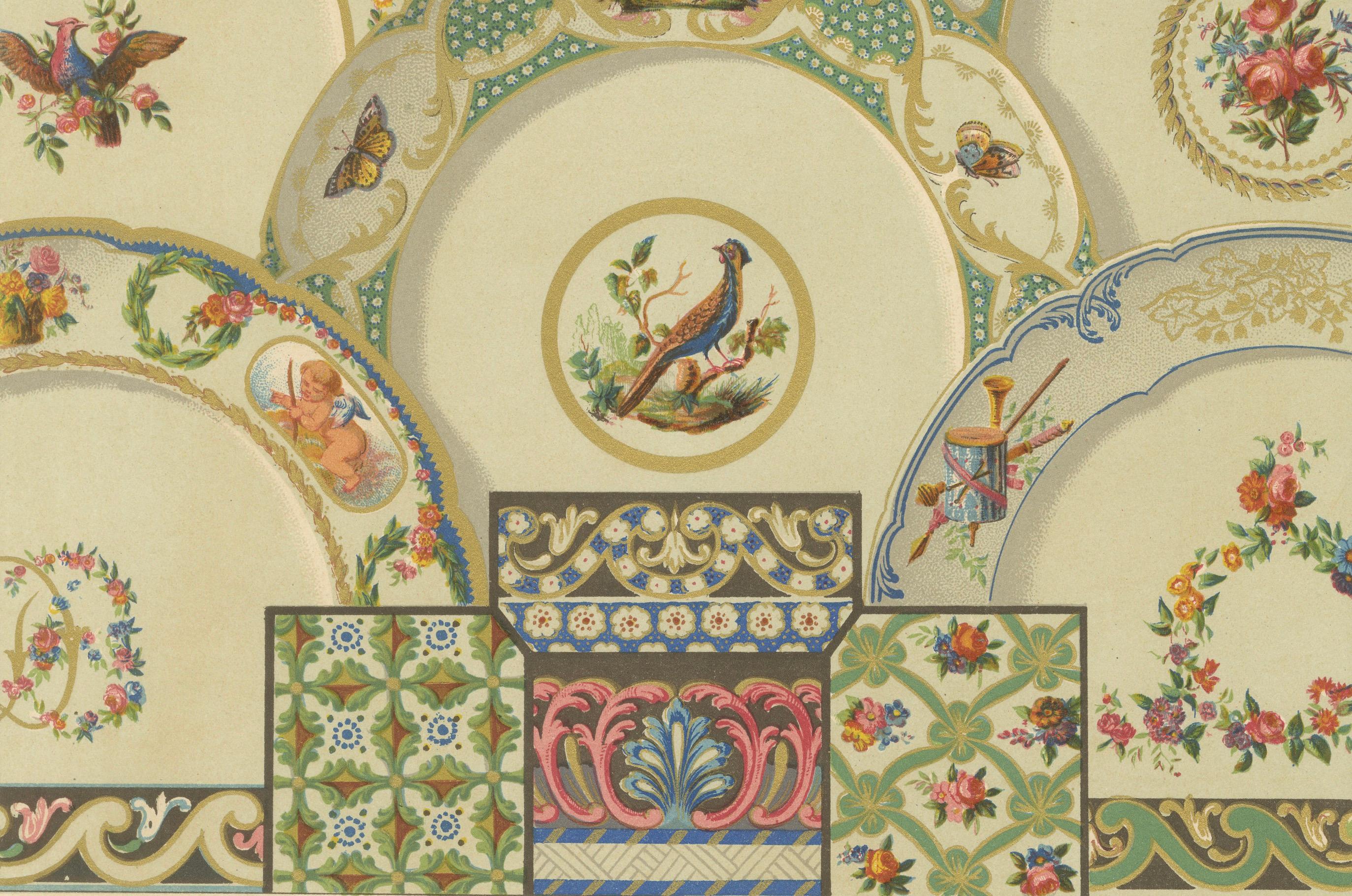 Ornement de plafond rococo - Médaillons floraux et oiseaux du XVIIIe siècle, plaque XCVIII Bon état - En vente à Langweer, NL