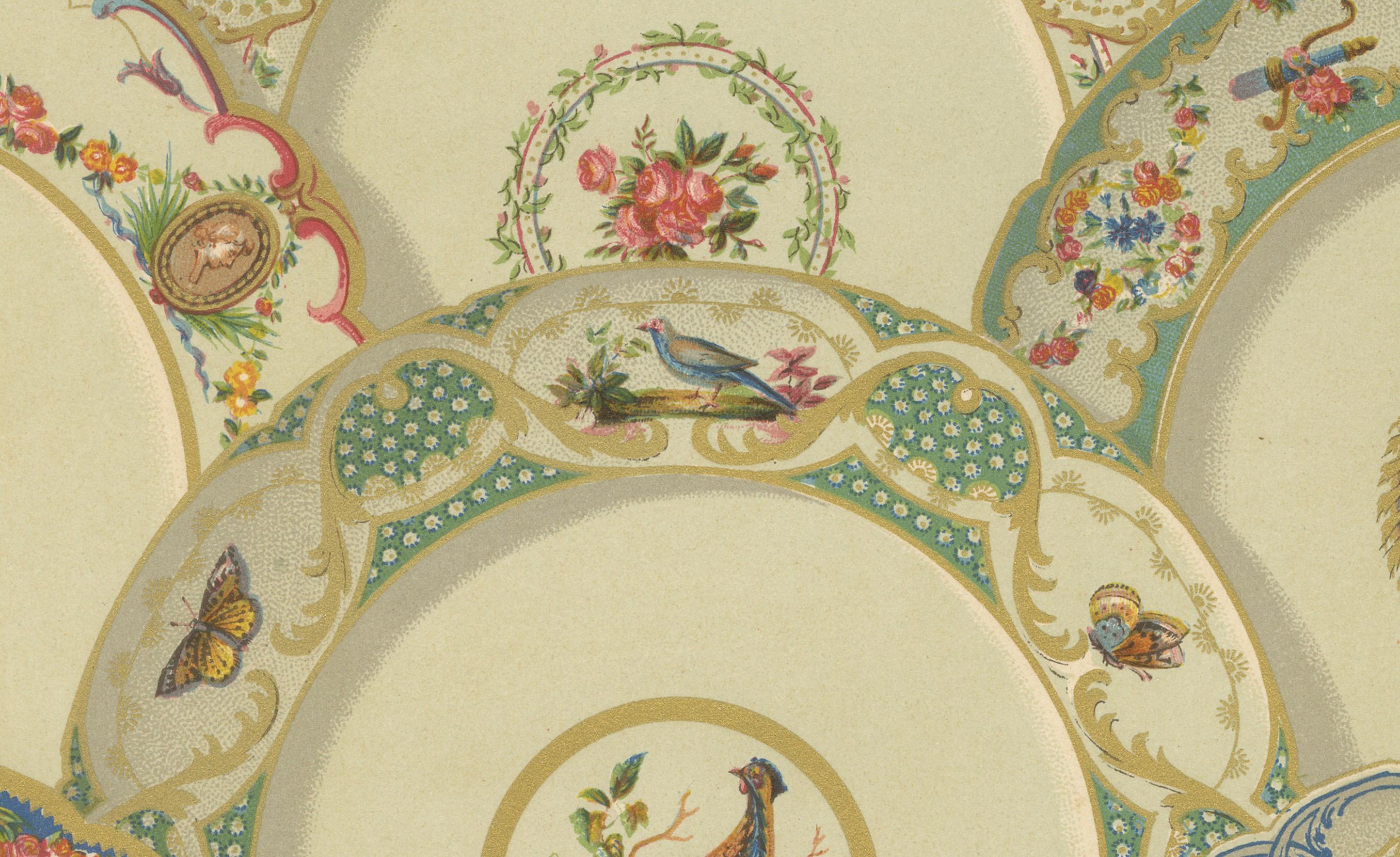 XIXe siècle Ornement de plafond rococo - Médaillons floraux et oiseaux du XVIIIe siècle, plaque XCVIII en vente