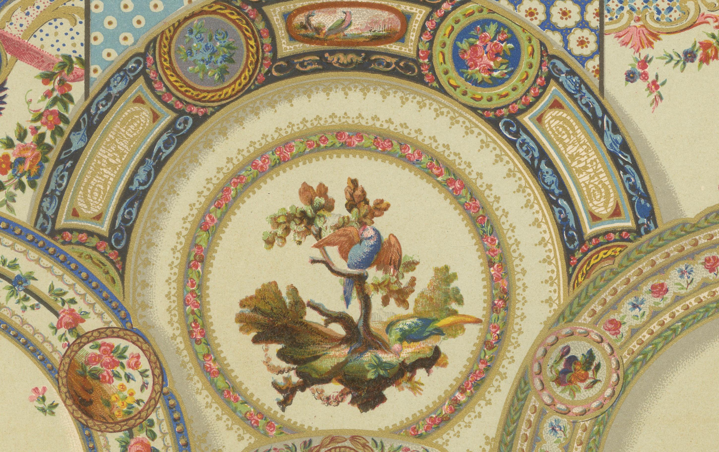 Papier Ornement de plafond rococo - Médaillons floraux et oiseaux du XVIIIe siècle, plaque XCVIII en vente