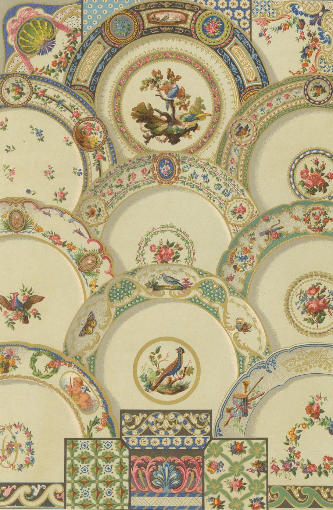 Ornement de plafond rococo - Médaillons floraux et oiseaux du XVIIIe siècle, plaque XCVIII en vente 1