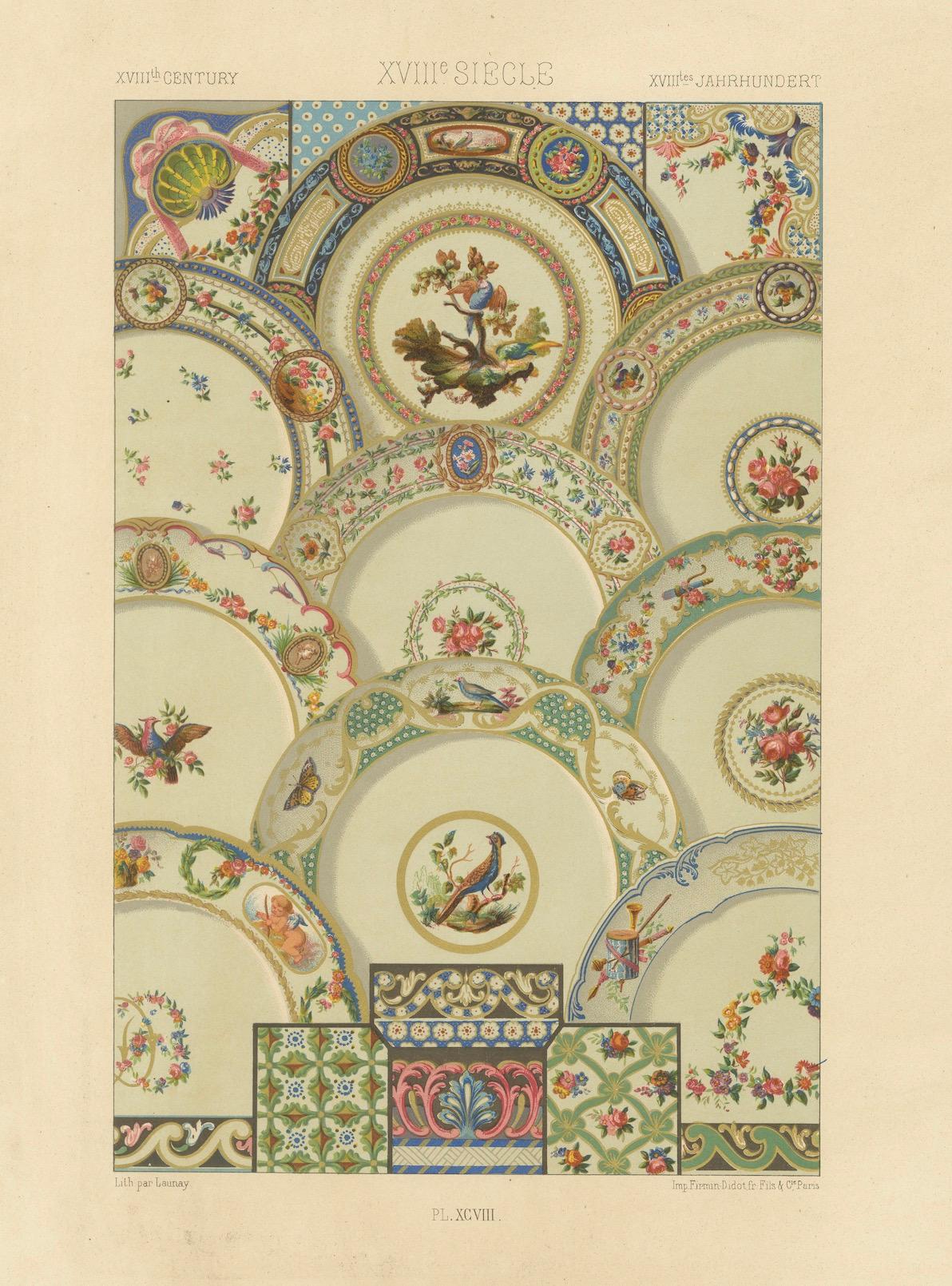 Ornement de plafond rococo - Médaillons floraux et oiseaux du XVIIIe siècle, plaque XCVIII en vente 2