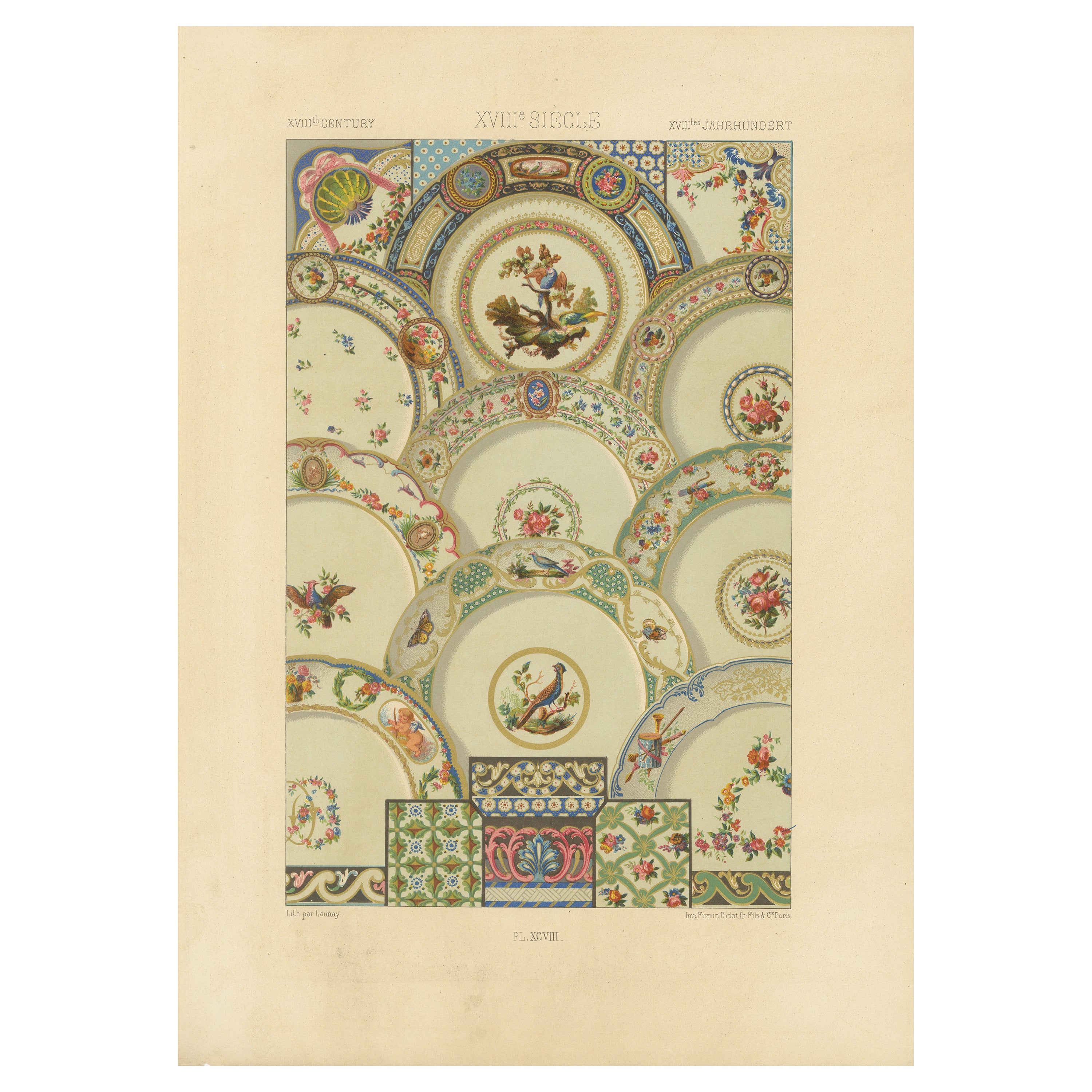 Ornamento da soffitto rococò - Medaglioni floreali e uccelli del XVIII secolo, piatto XCVIII