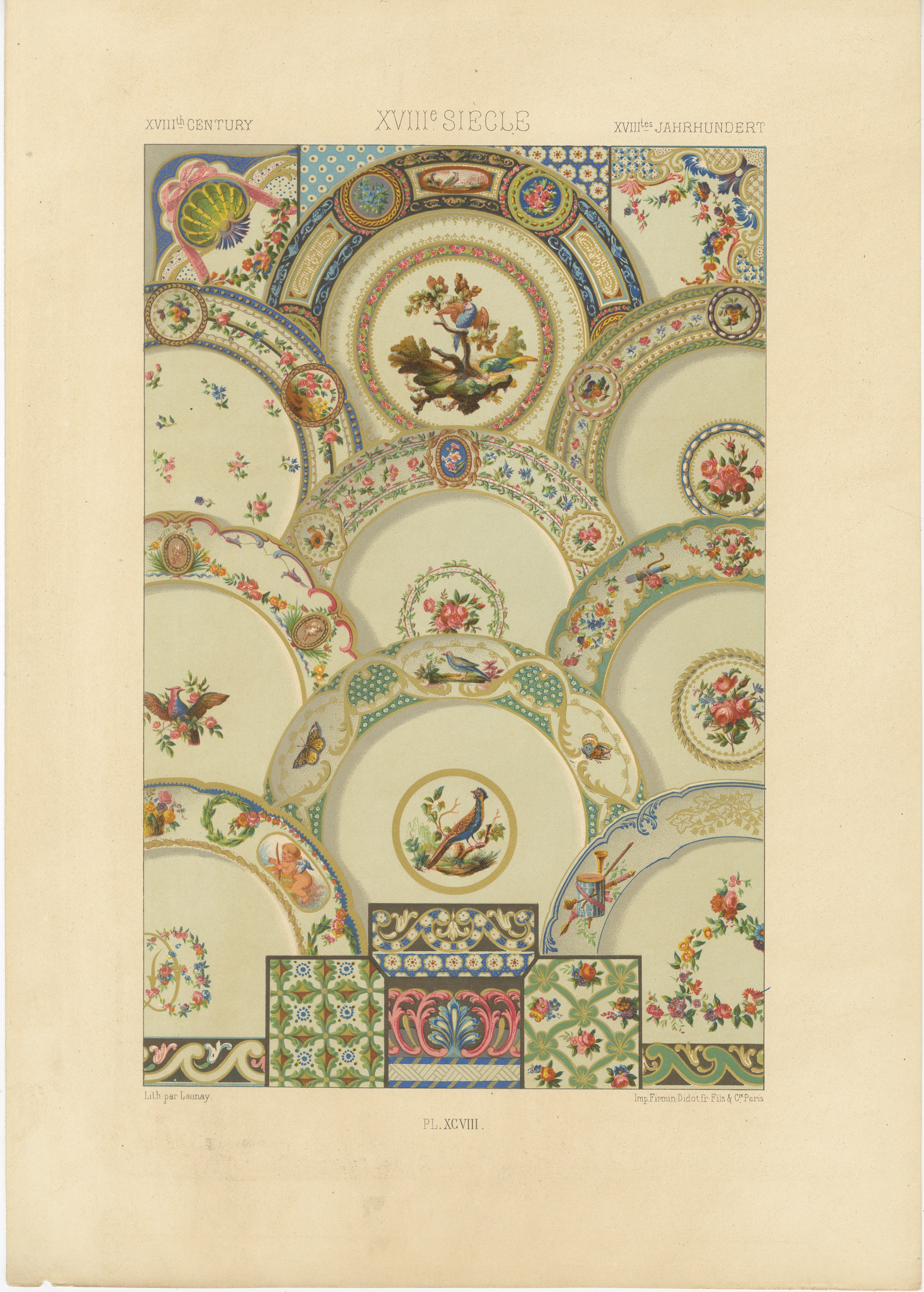 Ornement de plafond rococo - Médaillons floraux et oiseaux du XVIIIe siècle, plaque XCVIII en vente
