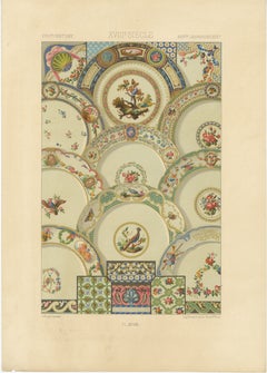 Ornement de plafond rococo - Médaillons floraux et oiseaux du XVIIIe siècle, plaque XCVIII