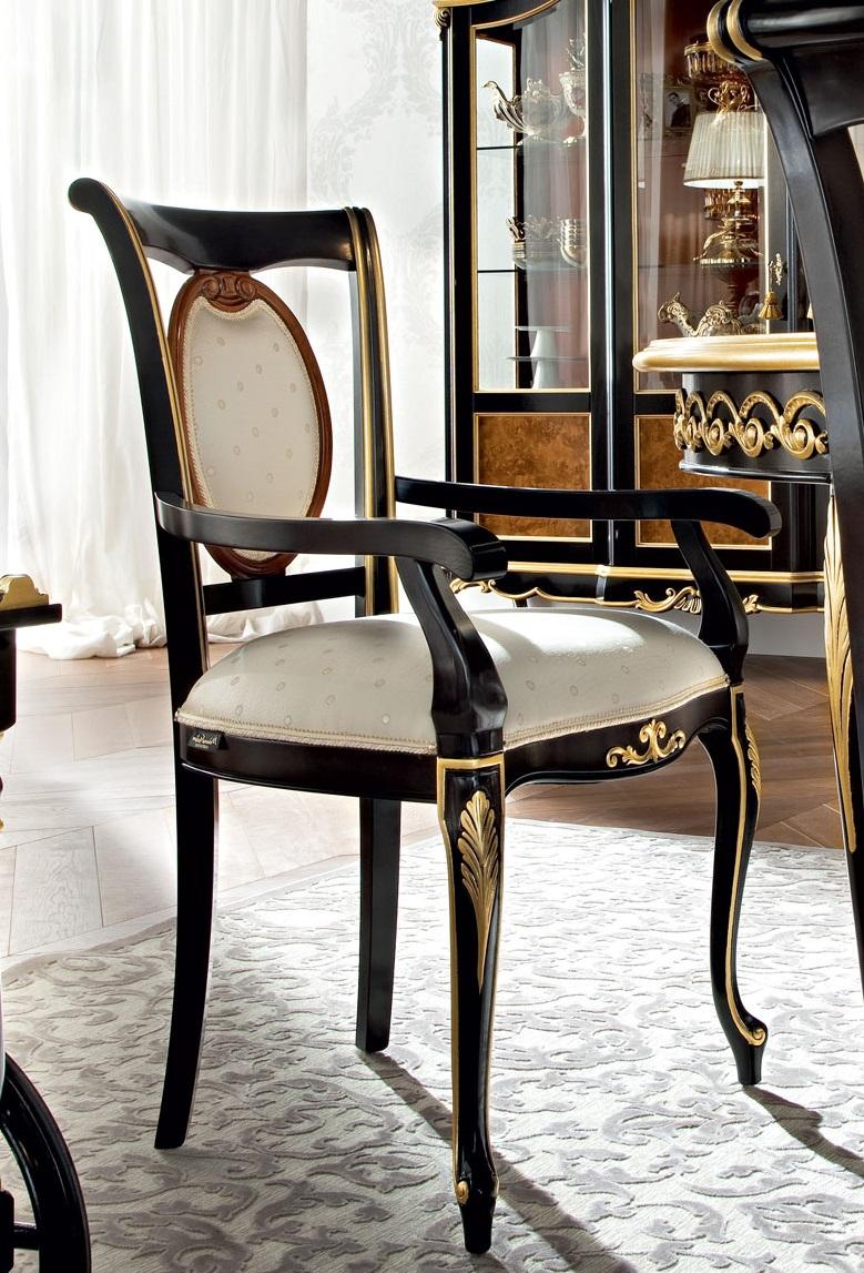 Appliqué Rococo Chair with Armrests in Black and Gold Finish by Modenese Gastone For Sale