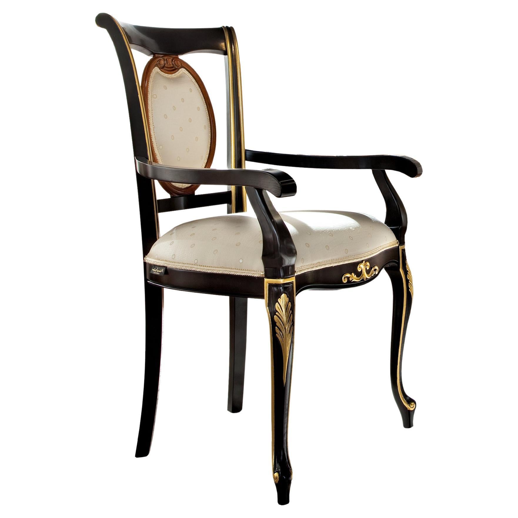 Rococo Chair with Armrests in Black and Gold Finish by Modenese Gastone