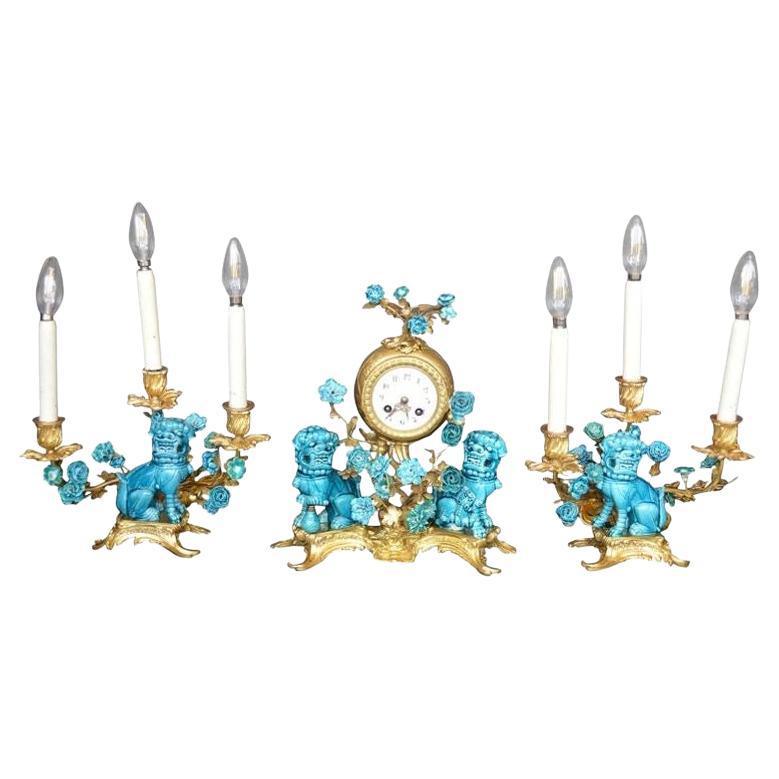 Rococo Chinosoiserie Style Three-Piece Gilt Bronze and Porcelain Clock Garniture