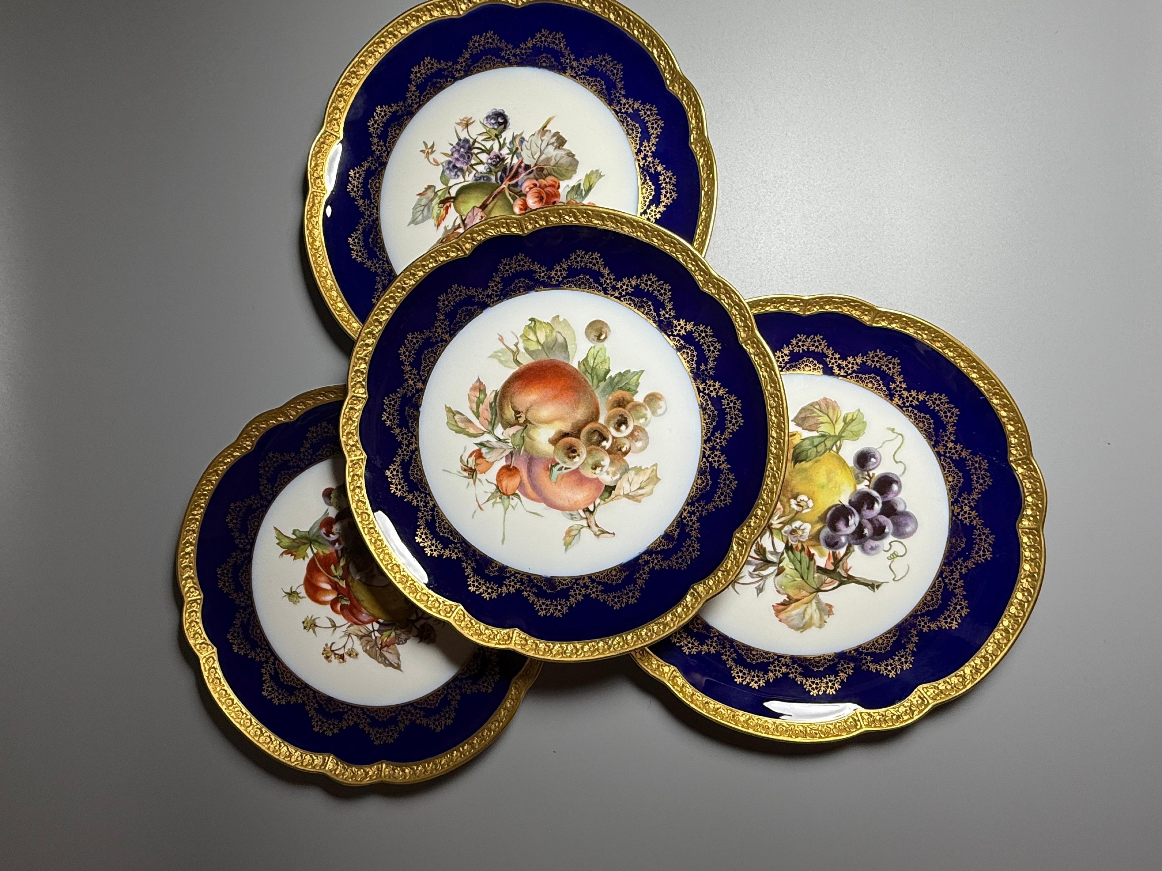 Rococo Cobalt Gilt Fruit Four Plates Rosenthal Germany 1928-1929 im Angebot 4