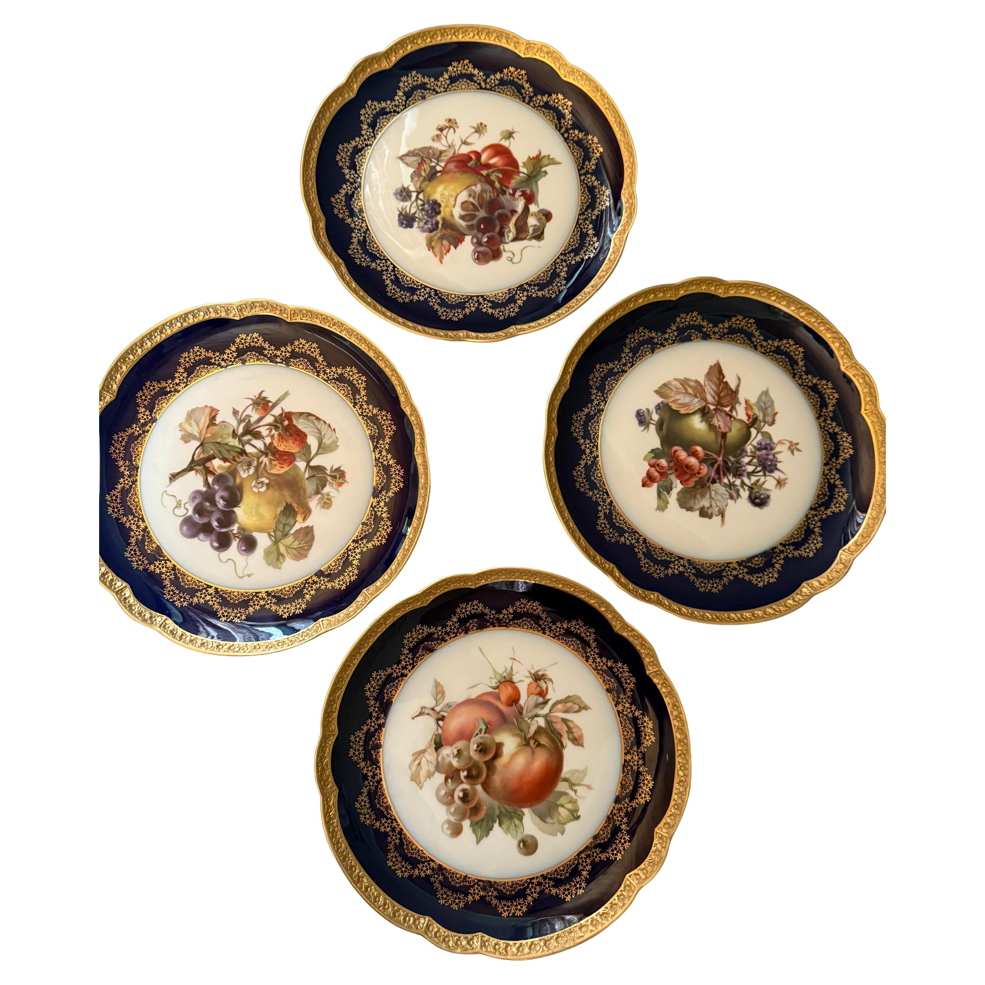 Rococo Cobalt Gilt Fruit Four Plates Rosenthal Germany 1928-1929 im Angebot