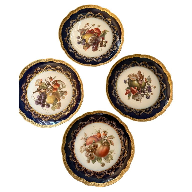 Rococo Cobalt Gilt Fruit Four Plates Rosenthal Germany 1928-1929