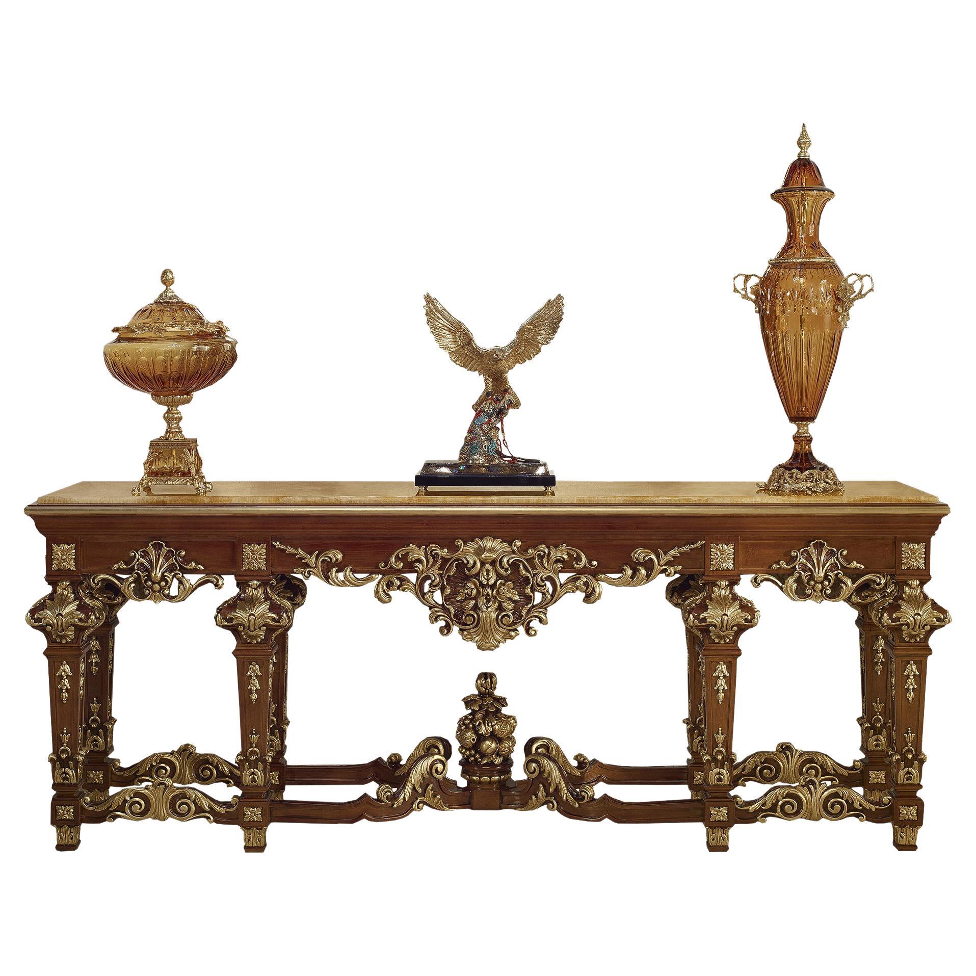 Rococo Console with Golden Carvings and Marble Top by Modenese Luxury Interiors For Sale