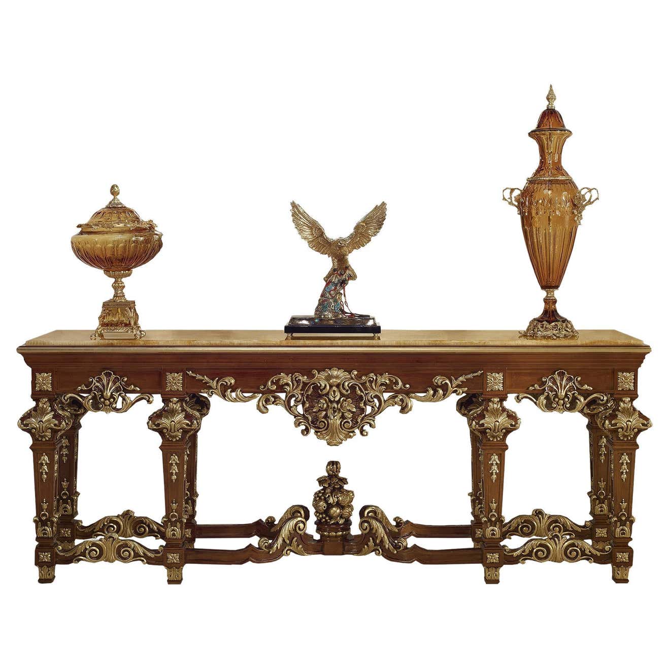 High Console Rococo Rococo Console with Golden Carvings and Marble Top by Modenese Luxury ...