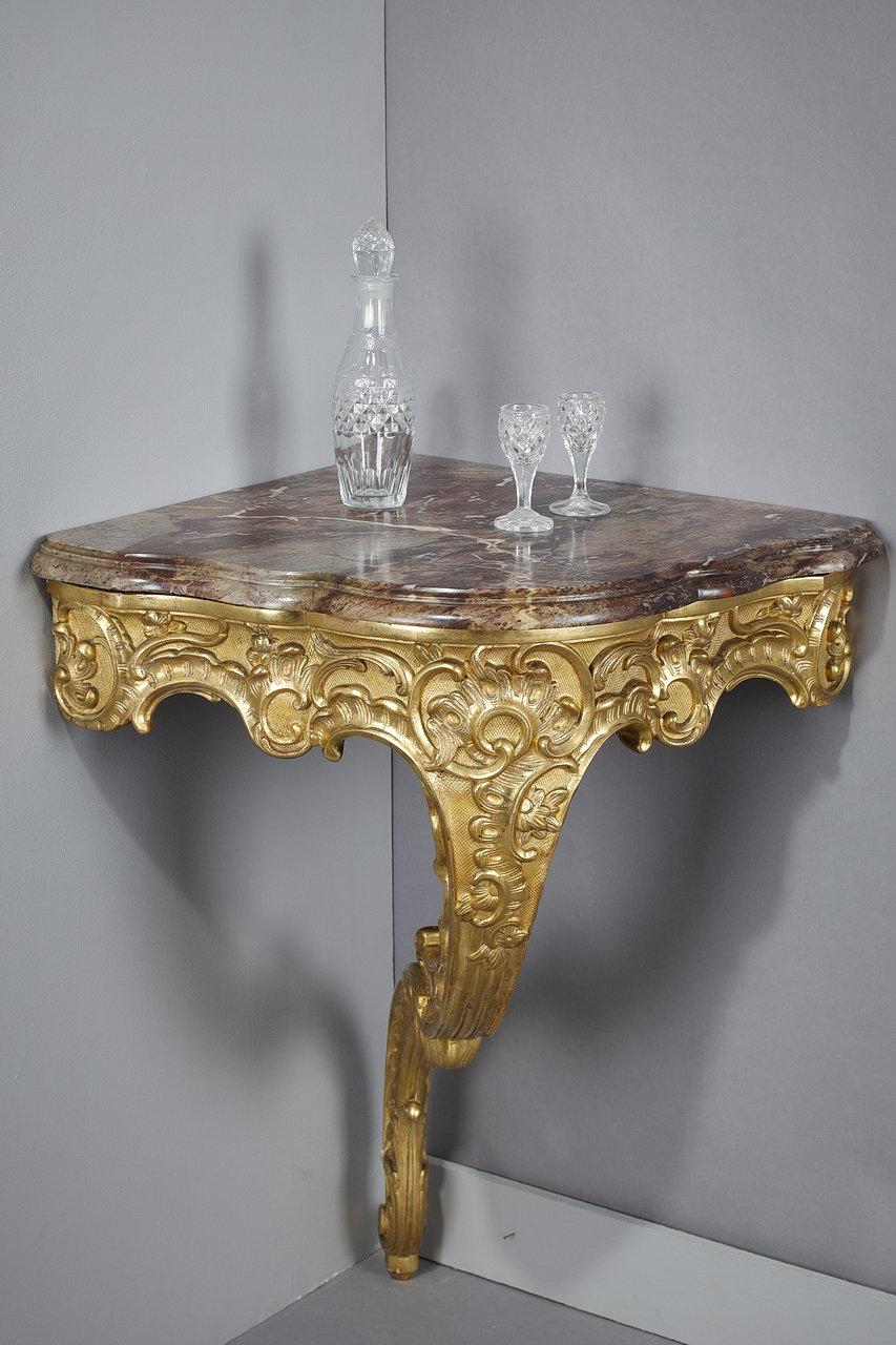 Rococo Corner Console in Carved Wood and Breccia Marble, Louis XV Style For Sale 5