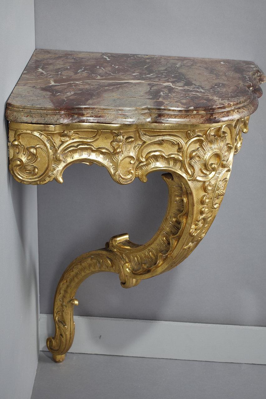 Rococo Corner Console in Carved Wood and Breccia Marble, Louis XV Style For Sale 6