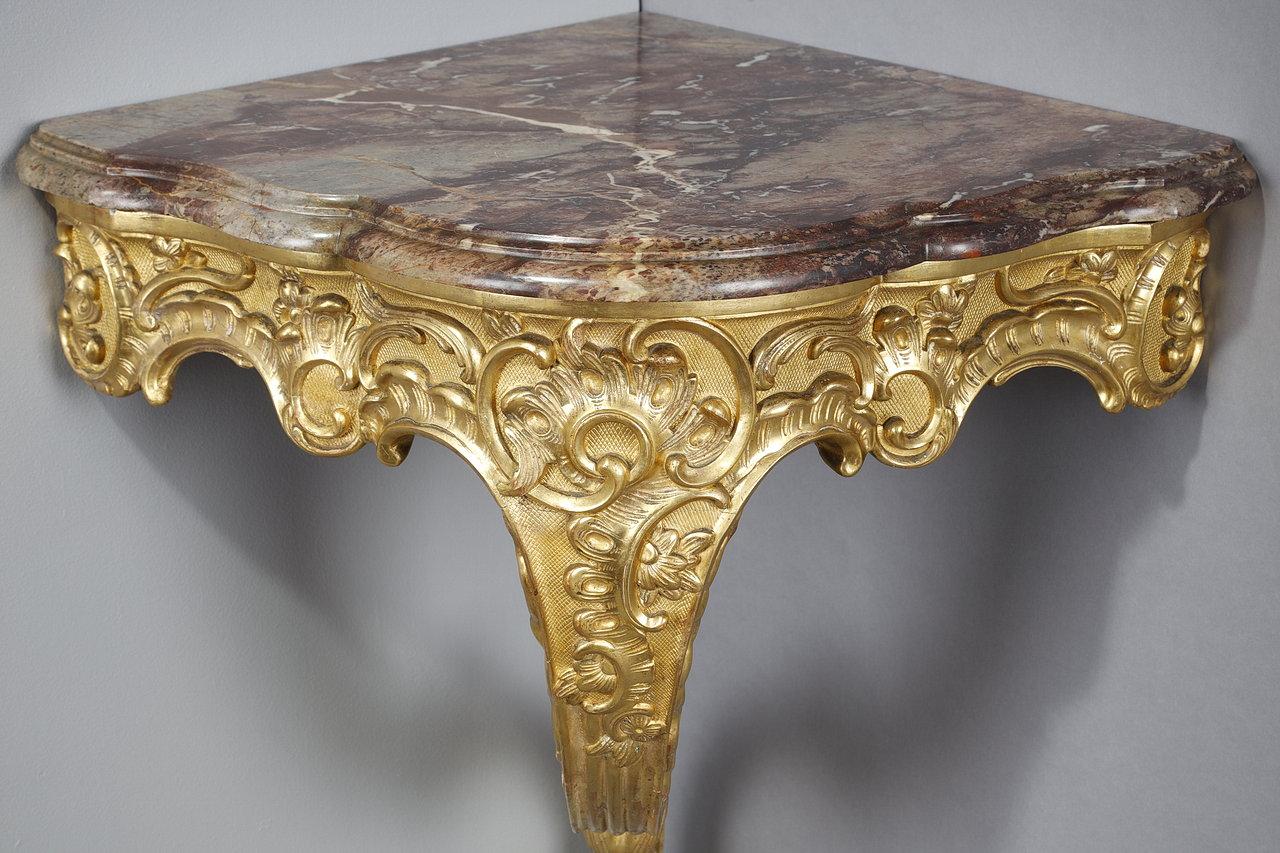 Rococo Corner Console in Carved Wood and Breccia Marble, Louis XV Style For Sale 7