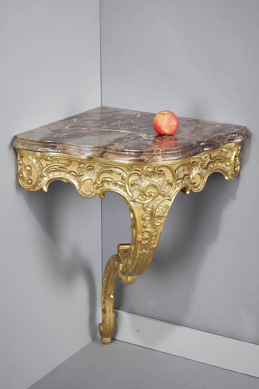 French Rococo Corner Console in Carved Wood and Breccia Marble, Louis XV Style For Sale