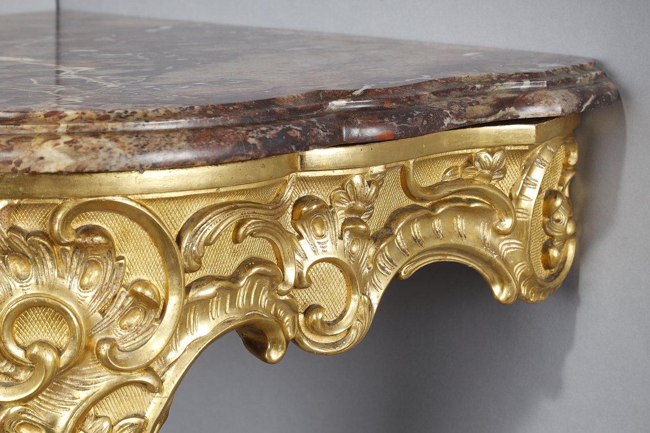 Eckkonsole im Rokoko-Stil aus geschnitztem Holz und Breccia-Marmor, Louis XV.-Stil im Angebot 1