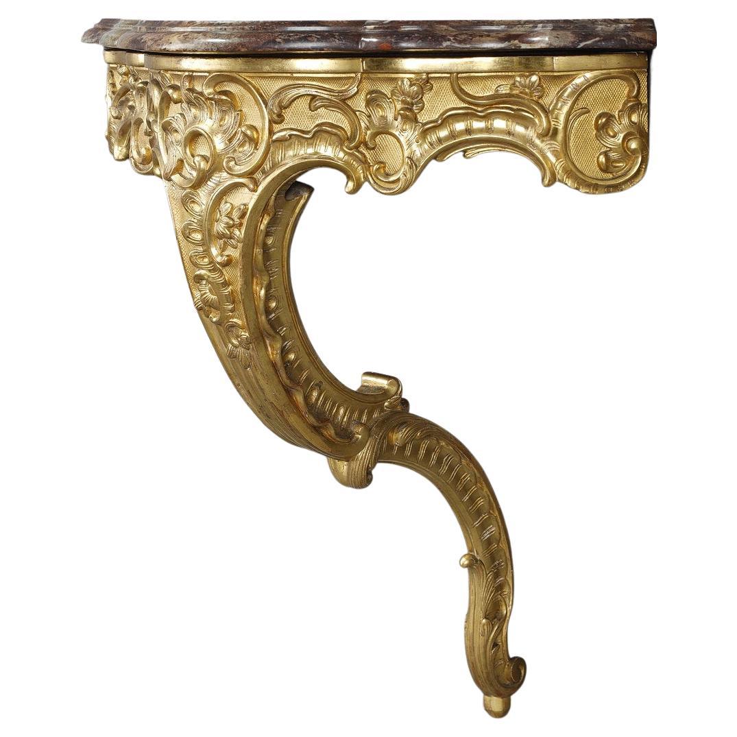 Rococo Corner Console in Carved Wood and Breccia Marble, Louis XV Style For Sale