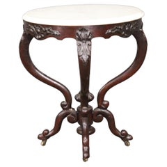 Rococo Dark Walnut American Victorian Center Table with White Marble Top 