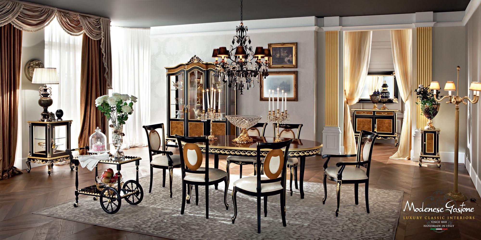 Rokoko-Esszimmerstuhl im Stil des Rokoko in Schwarz und Gold von Modenese Luxury Interiors (Neoklassisch) im Angebot