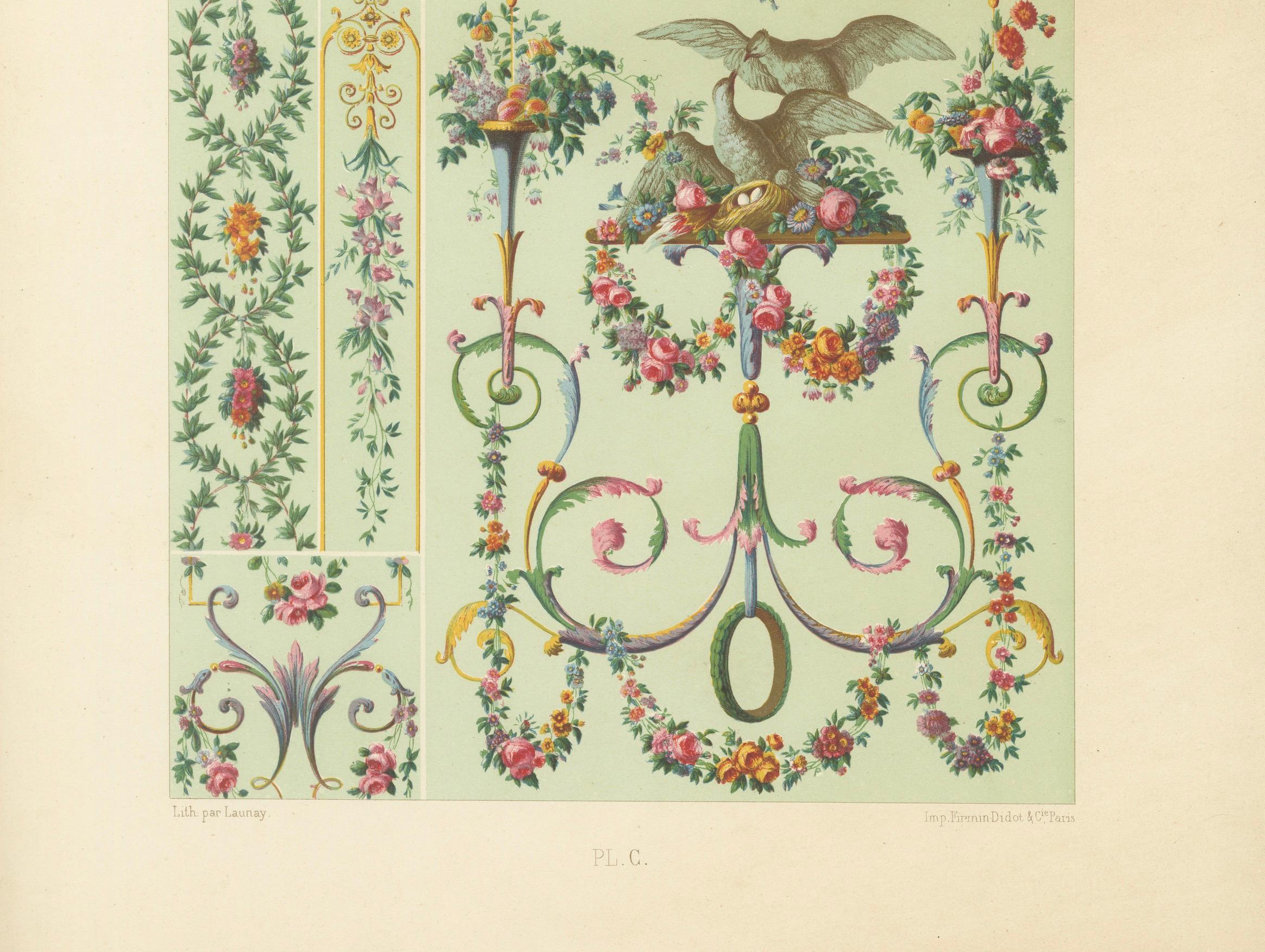 Guirlande florale rococo - Ornement français du XVIIIe siècle avec colombes, assiette C

Cette exquise chromolithographie du XIXe siècle, la planche C de *L'Ornement Polychrome*, illustre l'ornementation florale vibrante de la France du XVIIIe