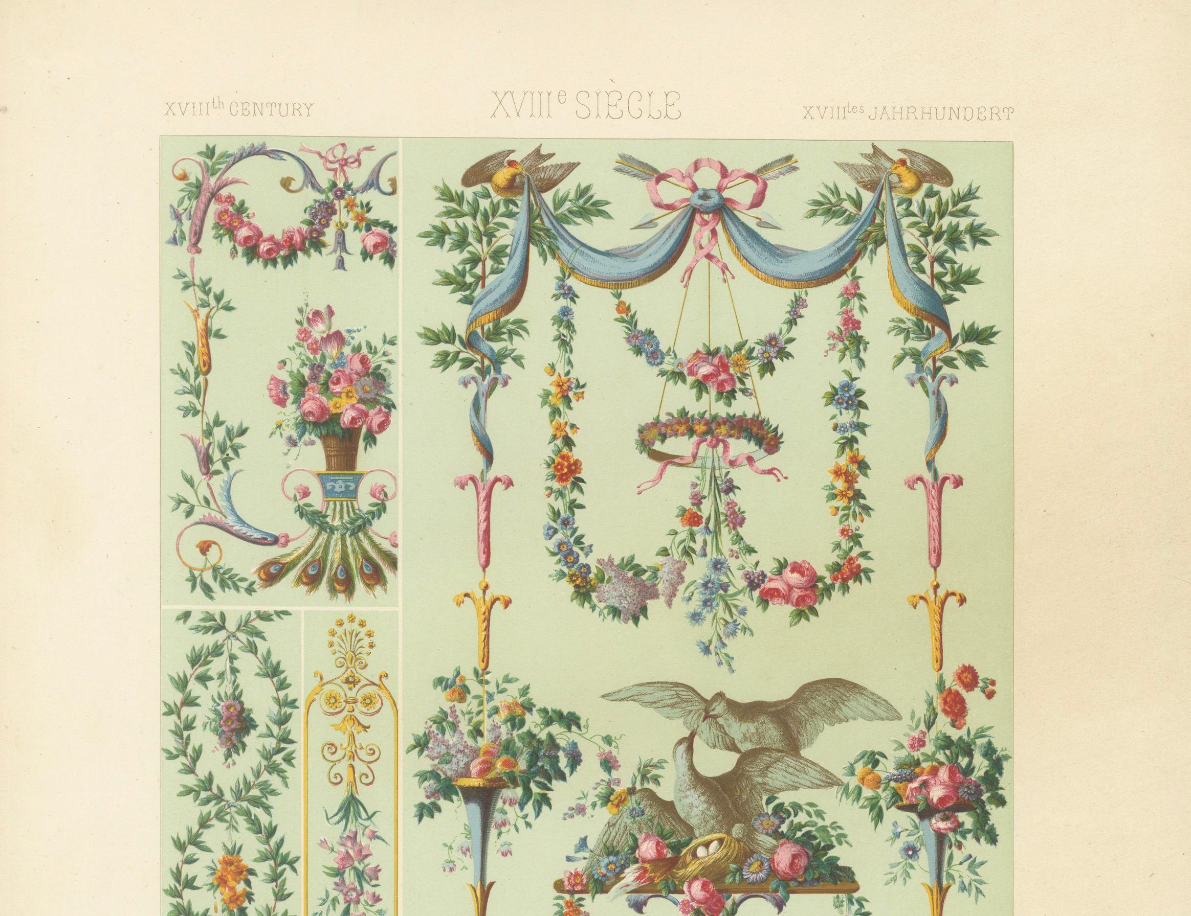 Français French Rococo Floral Garland Design/One - Ornement français du XVIIIe siècle avec colombes, 1869 en vente