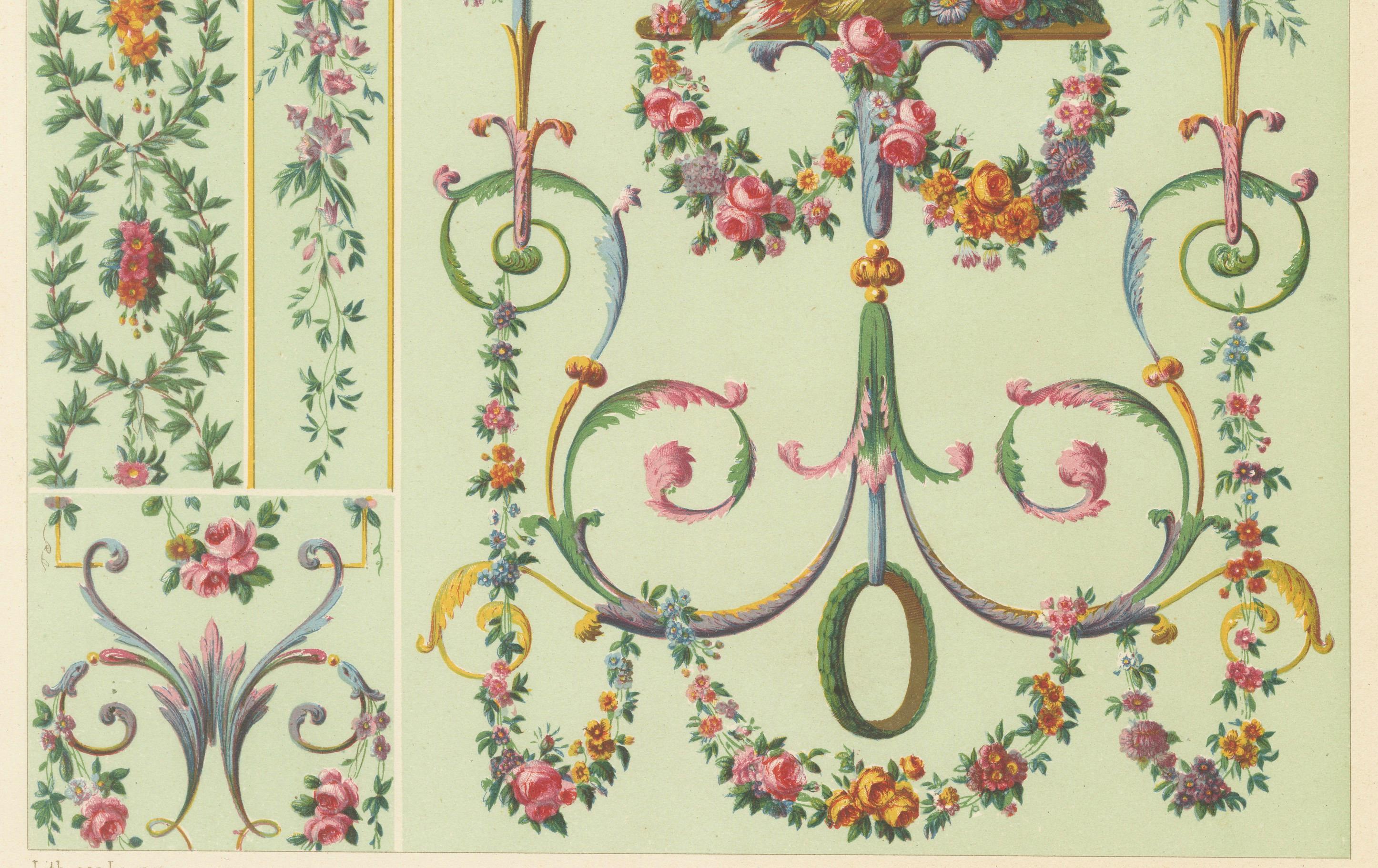 French Rococo Floral Garland Design/One - Ornement français du XVIIIe siècle avec colombes, 1869 Bon état - En vente à Langweer, NL